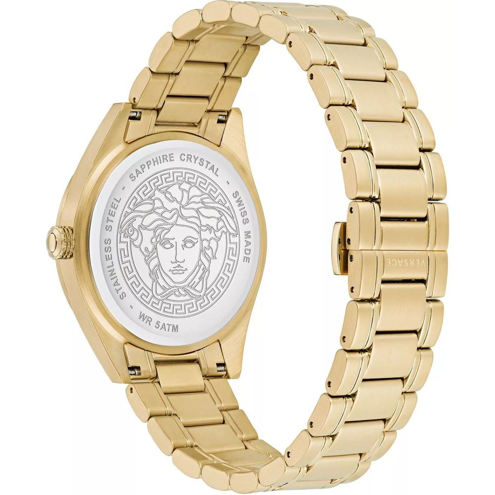 Discover the Versace Gold Stainless Steel Dress Watch, a masterpiece of quartz precision and opulent design, perfect for those who embody elegance and sophistication.