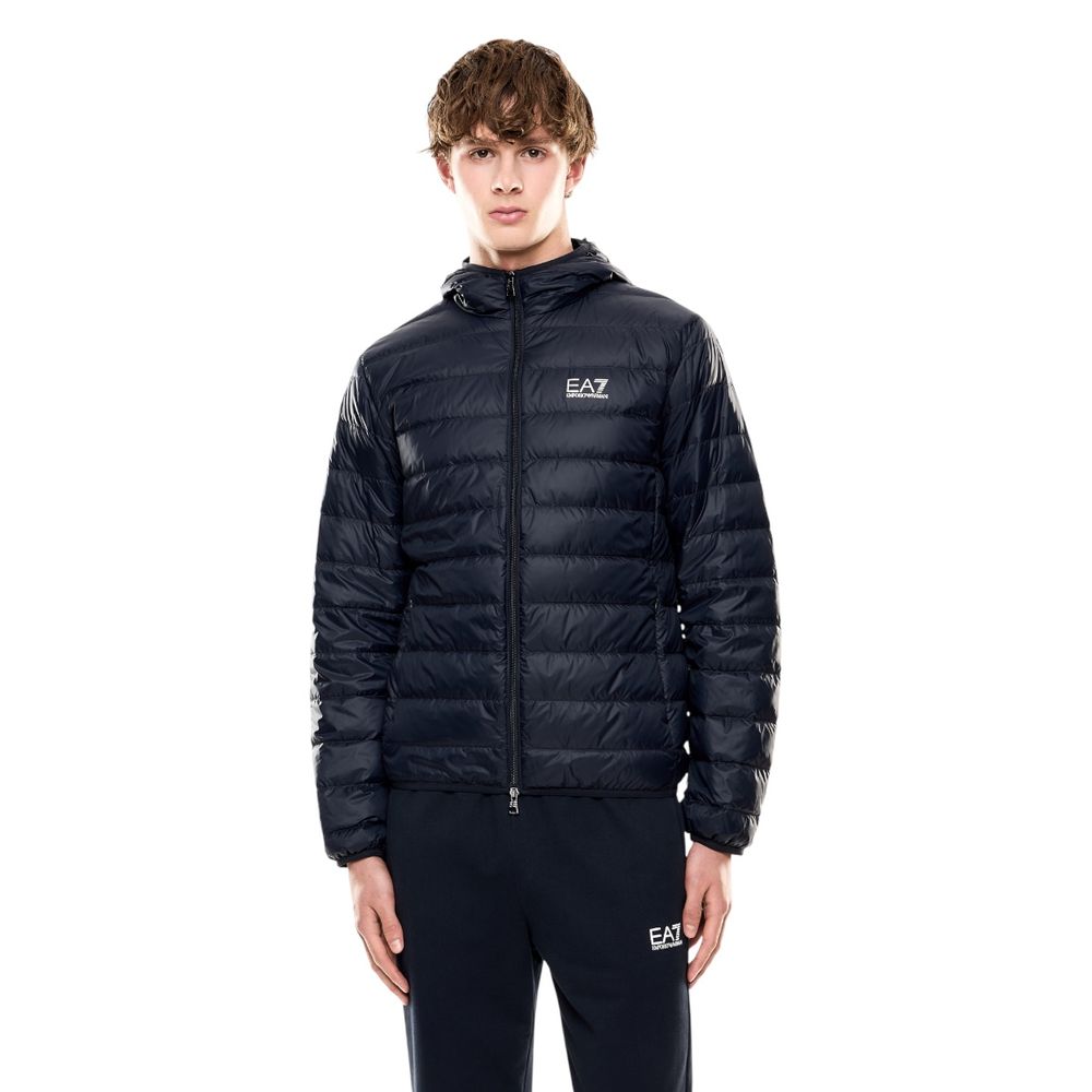 Elevate your winter wardrobe with the EA7 Emporio Armani Blue Polyamide Shell Jacket, a masterpiece of modern elegance and luxurious comfort for discerning individuals.