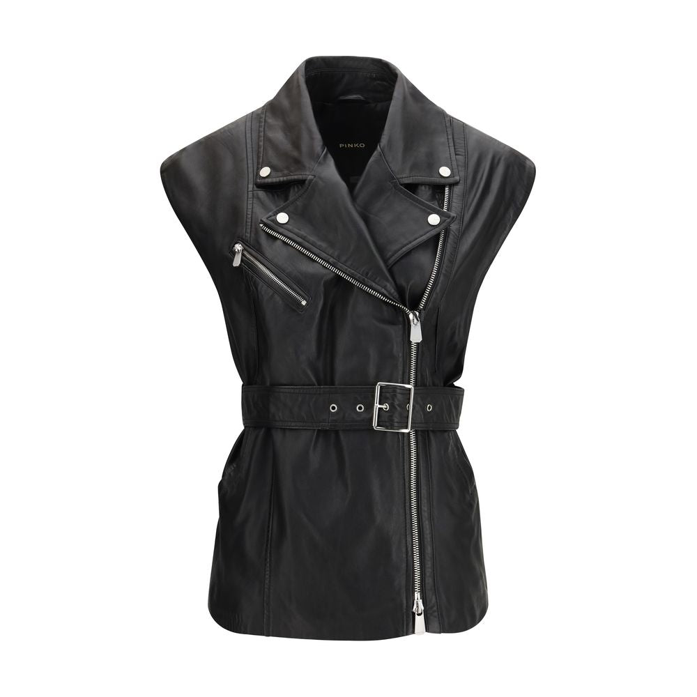 Elevate your style with the PINKO Black Goatskin Sleeveless Jacket, a masterpiece of exquisite craftsmanship and timeless luxury that redefines sophistication.