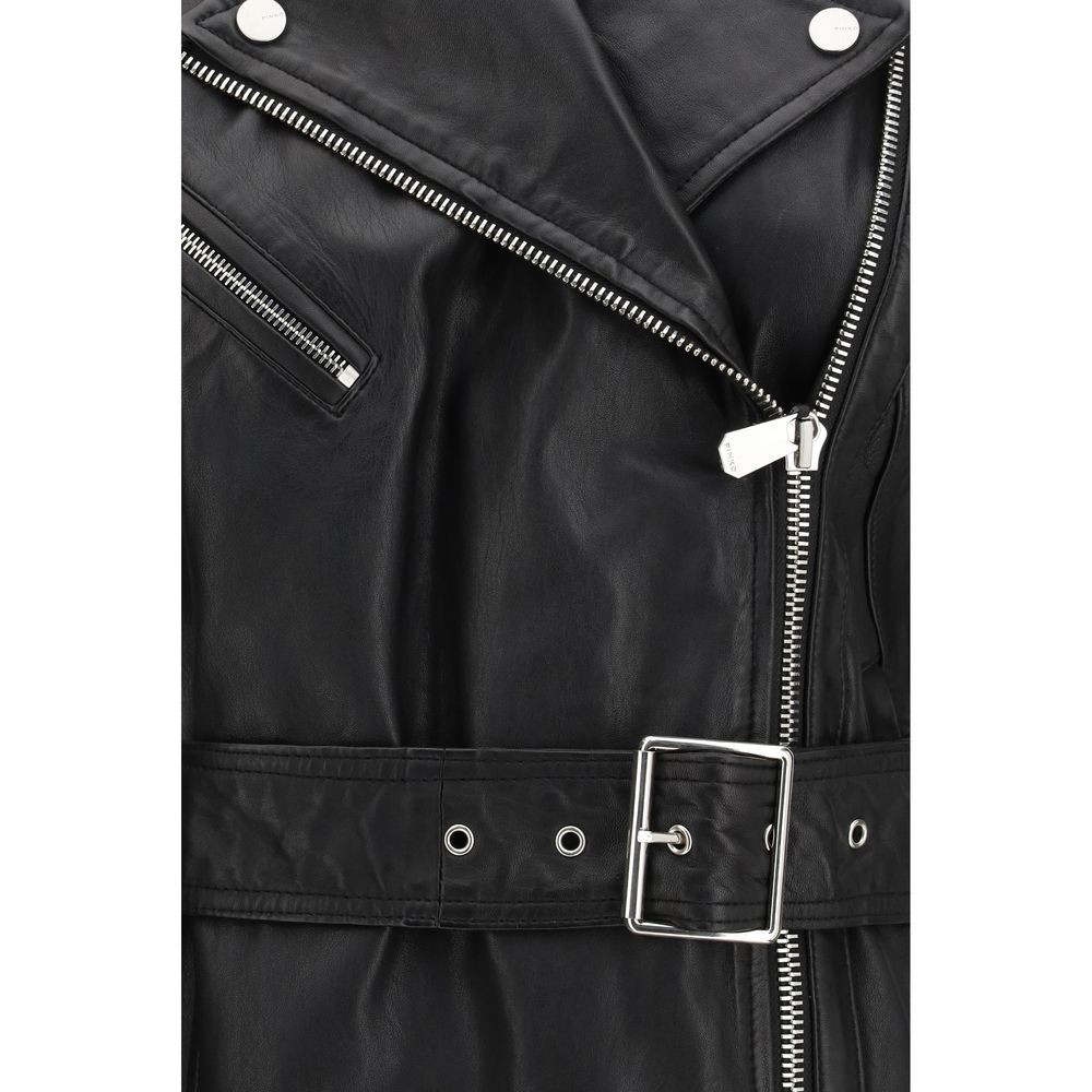 Elevate your style with the PINKO Black Goatskin Sleeveless Jacket, a luxurious statement piece crafted from exquisite goatskin, perfect for the modern connoisseur.