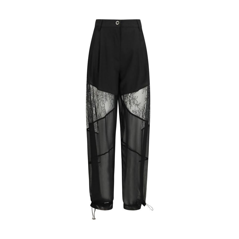 Elevate your style with PINKO's Black Polyester Casual Pants, featuring exquisite lace inserts and tailored elegance, perfect for the modern connoisseur.