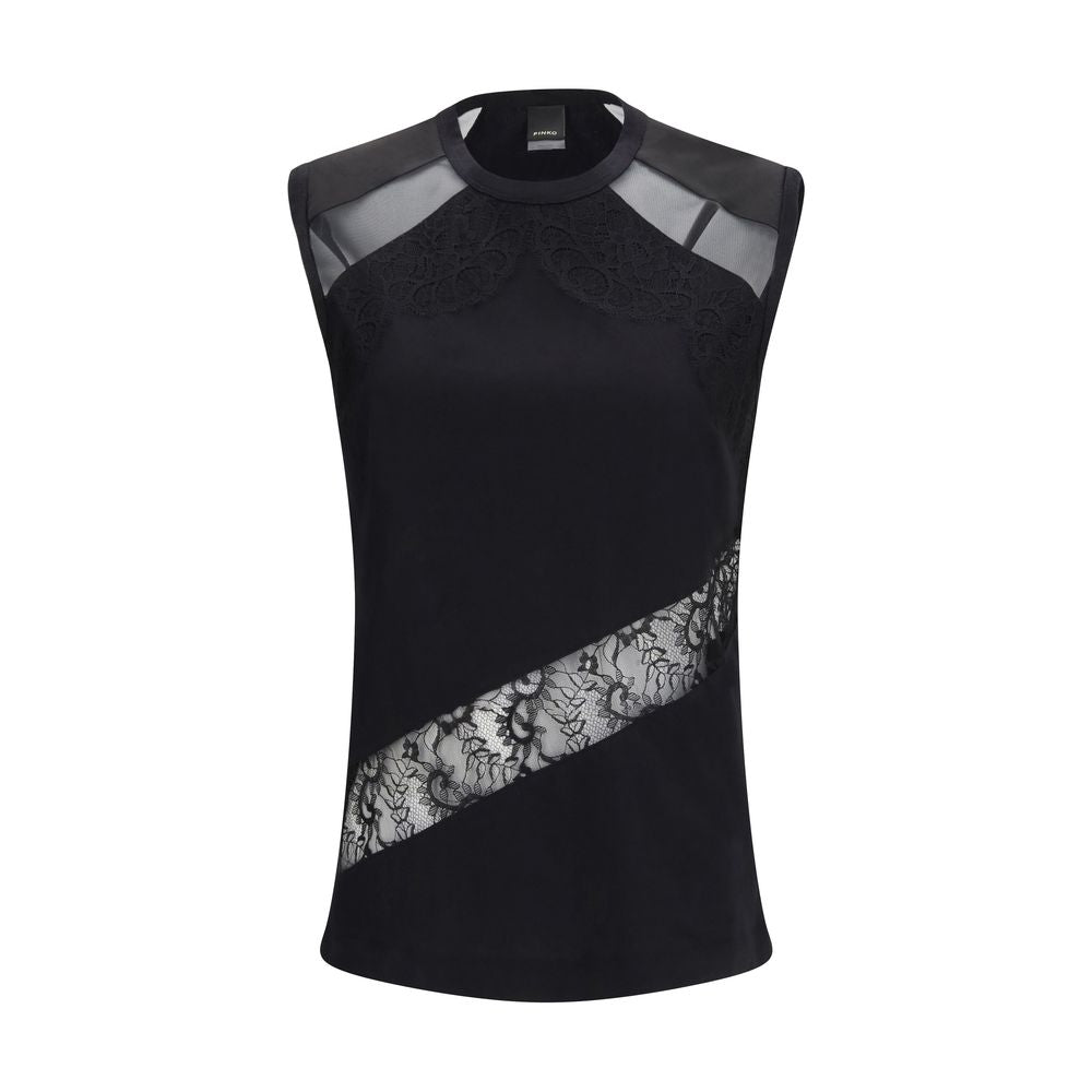 Indulge in the PINKO Black Cotton Blouse, a masterpiece of soft cotton jersey and exquisite lace details, embodying timeless elegance for the discerning wardrobe.