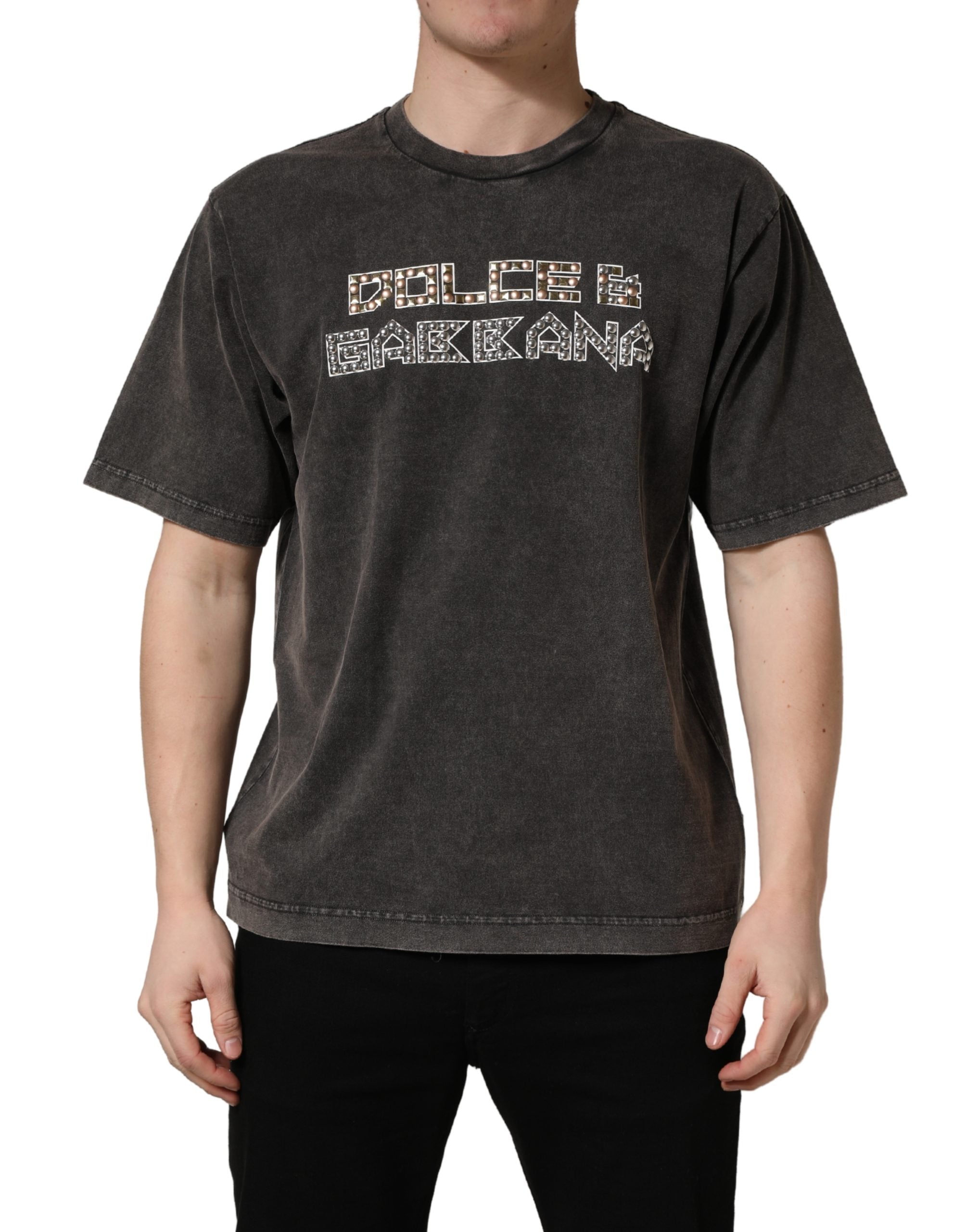 Indulge in the elegance of Dolce & Gabbana's Gray Logo Embellished Crew Neck T-shirt, a luxurious cotton masterpiece that embodies sophistication and timeless allure.