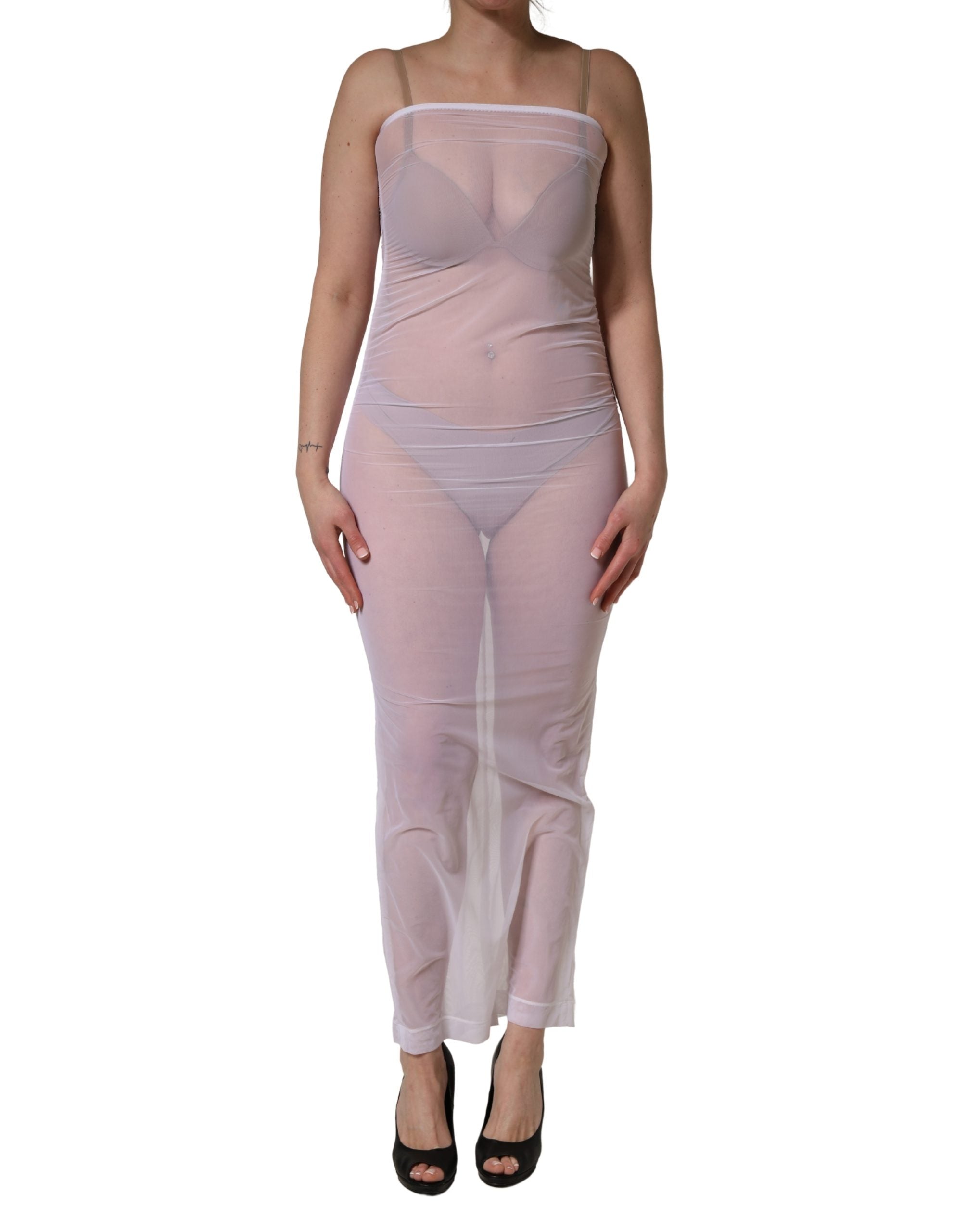 Experience the allure of the Dolce & Gabbana White Sheer Nylon Stretch Sheath Maxi Dress, where exquisite craftsmanship meets timeless elegance for unforgettable moments.
