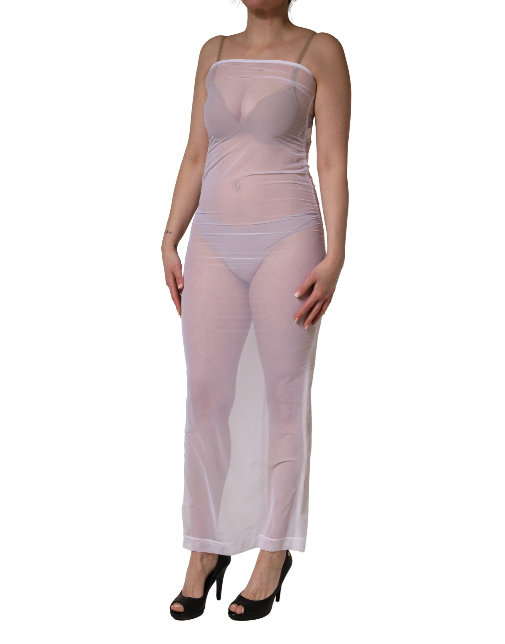 Elevate your wardrobe with the Dolce & Gabbana White Sheer Nylon Stretch Sheath Maxi Dress, a masterpiece of Italian craftsmanship that embodies timeless luxury and elegance.