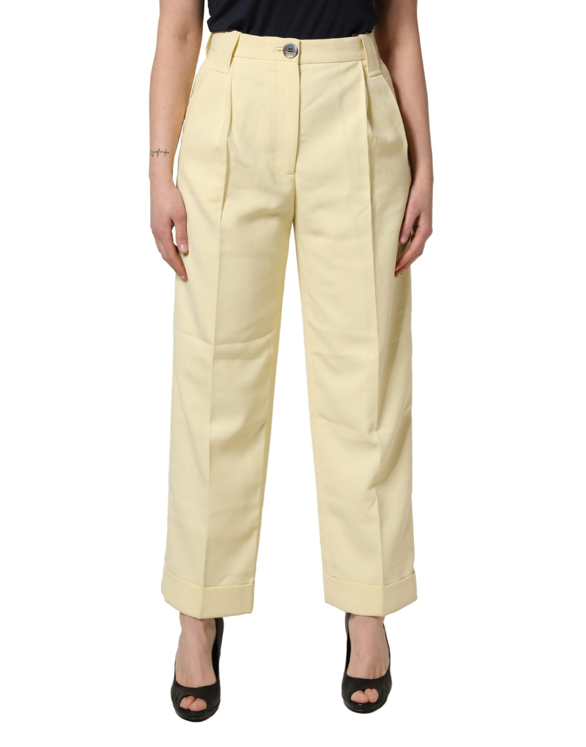 Ganni Yellow High Waisted Straight Pleated Trousers for Elegance