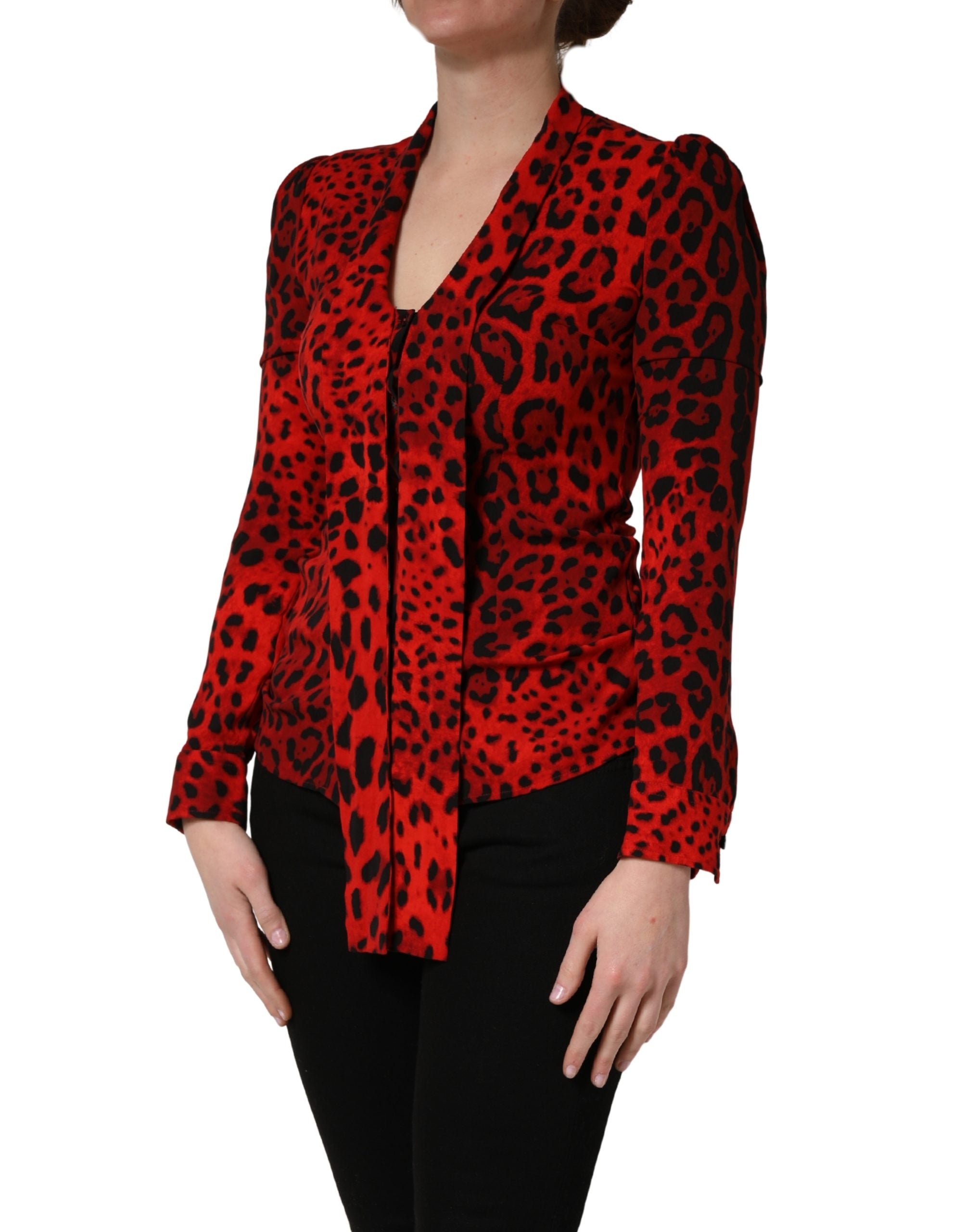 Dolce & Gabbana Red Leopard Print Long Sleeves Blouse Top