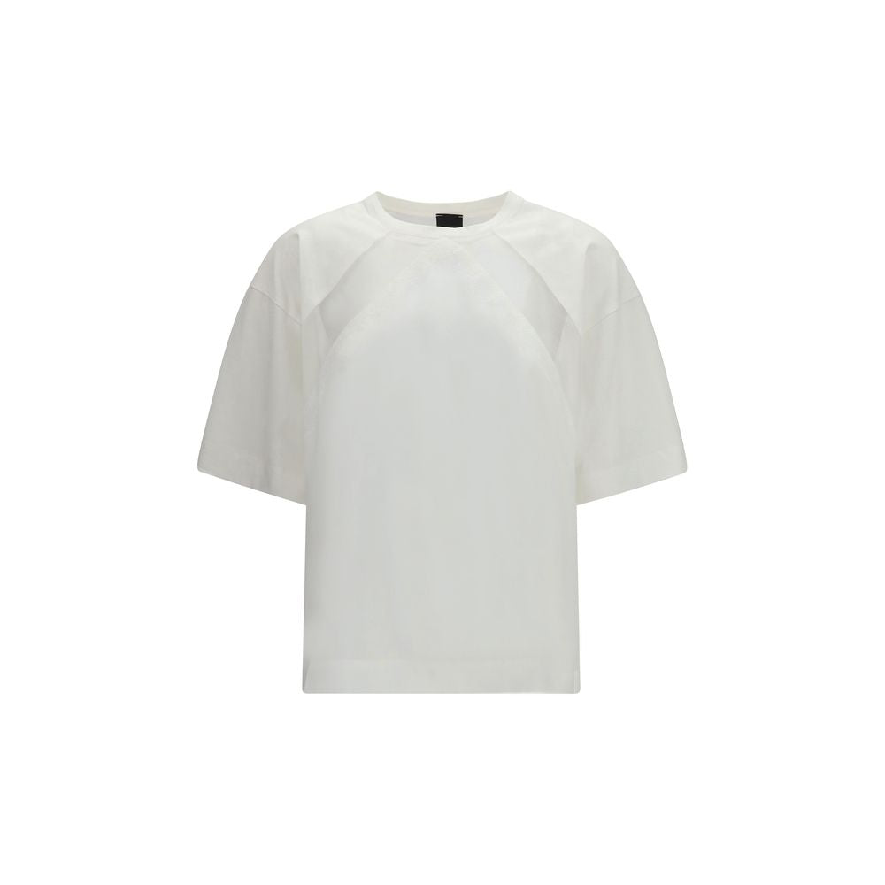 Elevate your wardrobe with the PINKO White Cotton T-Shirt, a luxurious blend of cotton and lace, embodying refined elegance for every occasion.
