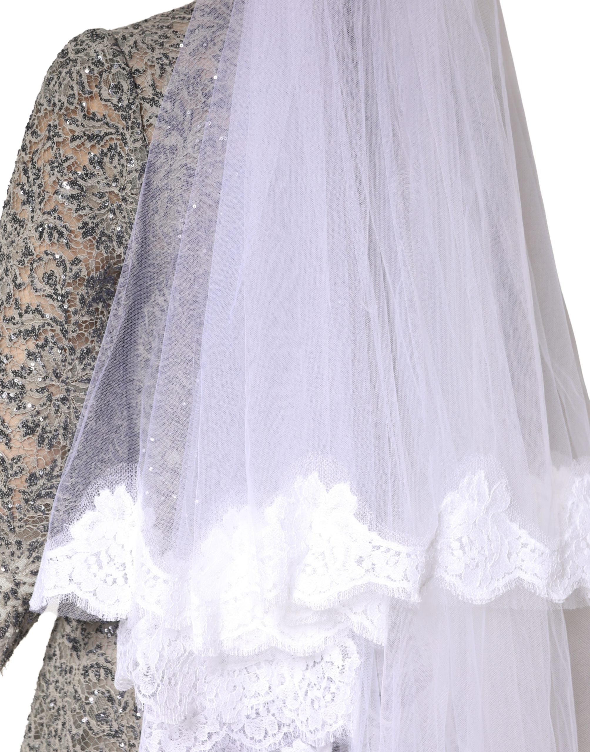 Dolce & Gabbana White Floral Lace Nylon Floor Length Long Wedding Veil