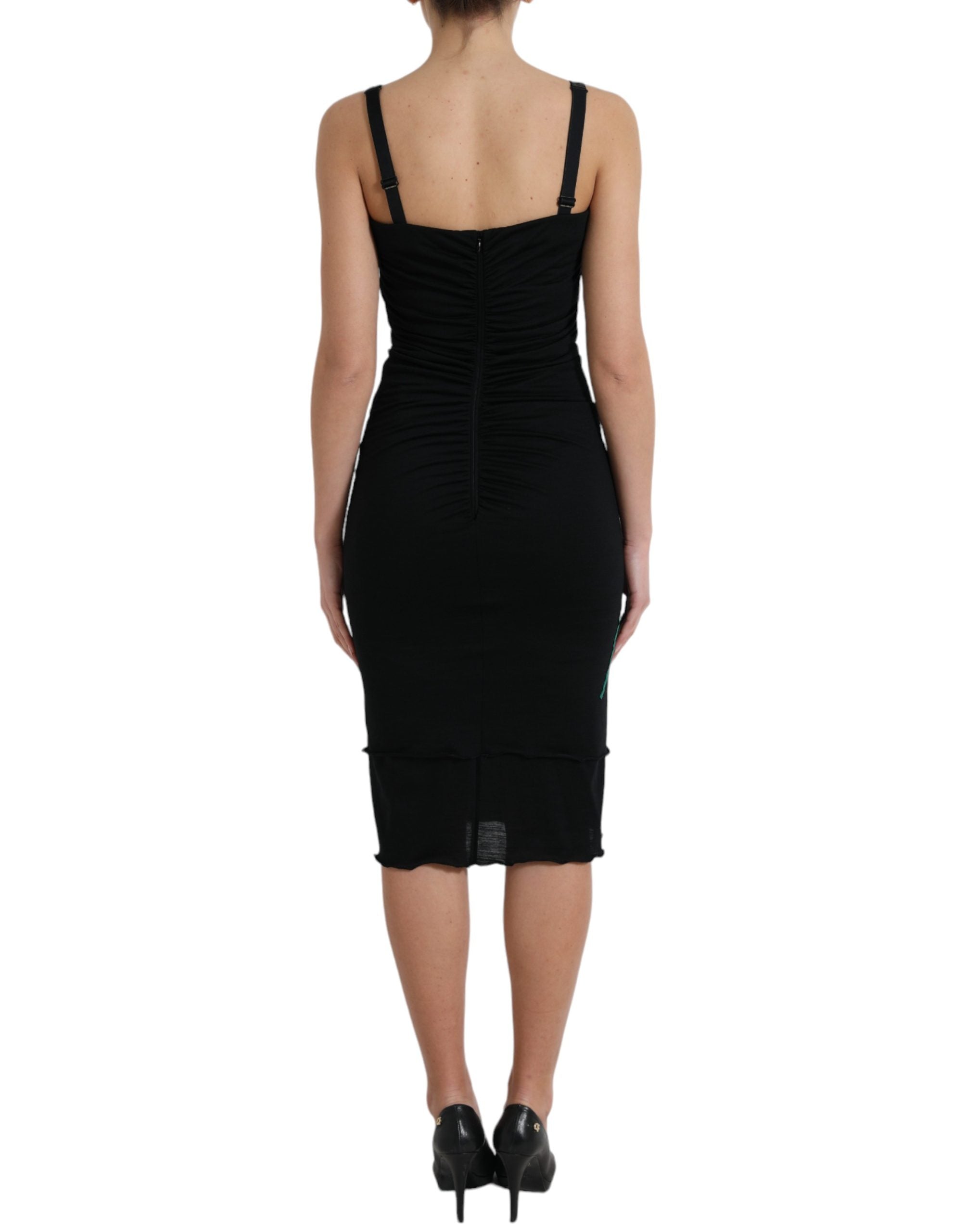 Dolce & Gabbana Black Wool Sleeveless Rose Applique Dress