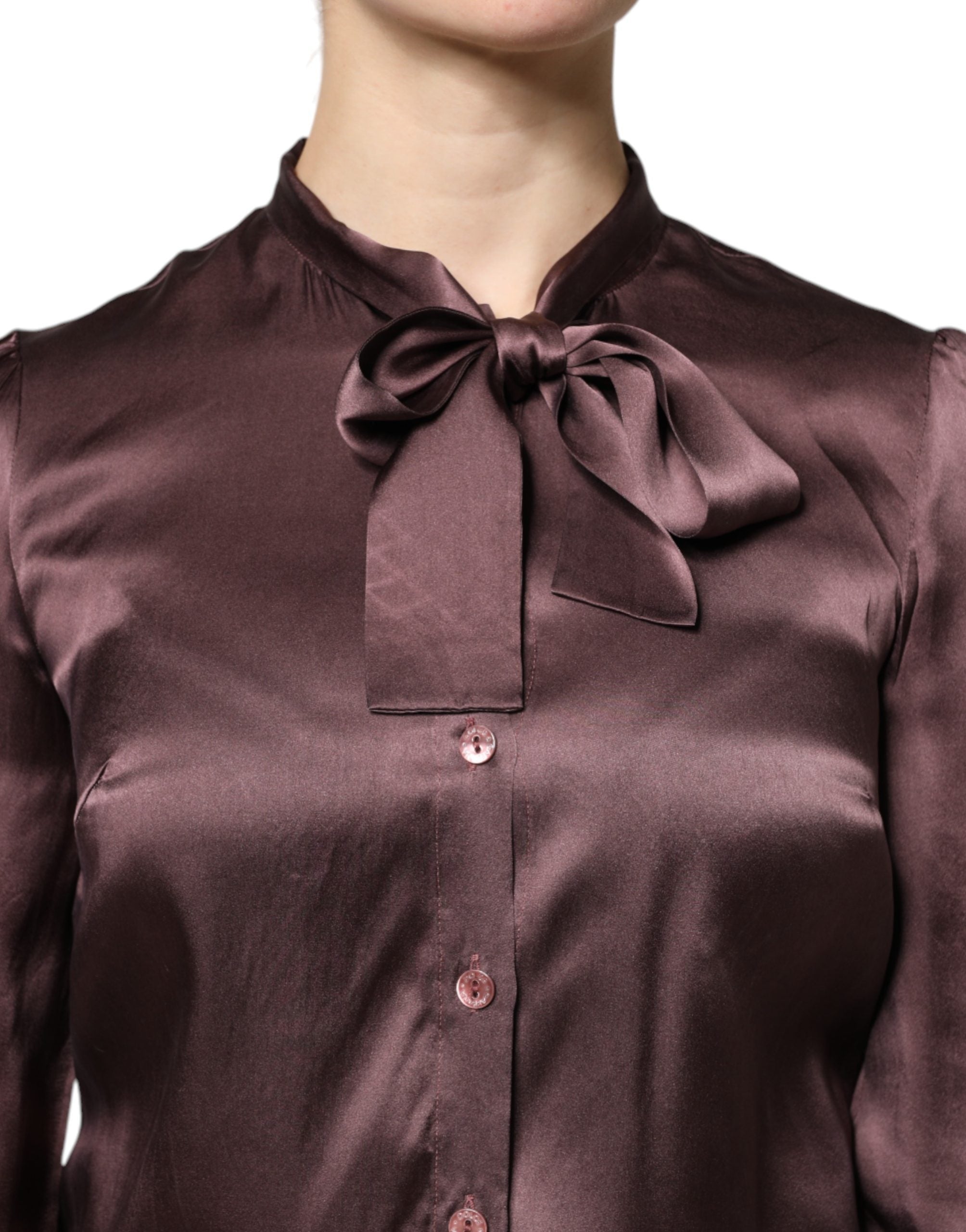 Dolce & Gabbana Violet Satin Long Sleeve Ascot Tie Shirt  Top