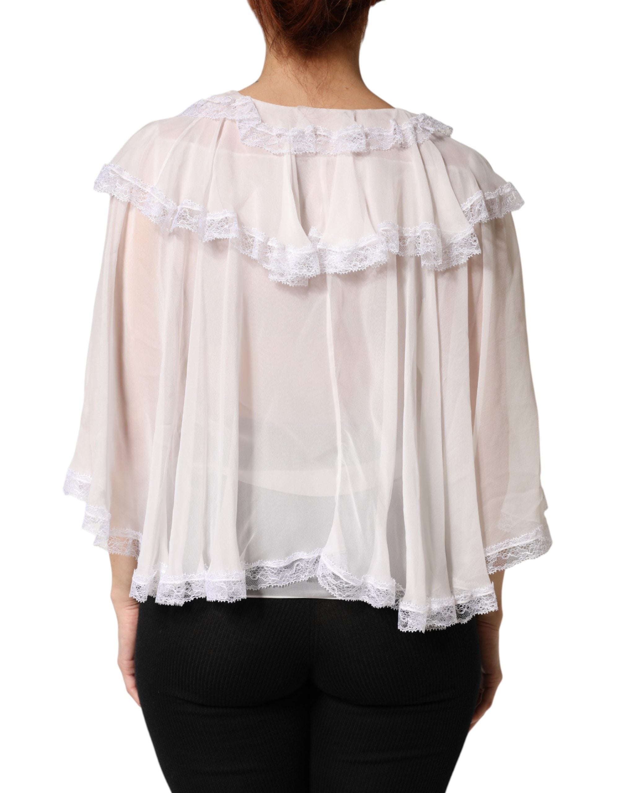 Dolce & Gabbana White LongSleeve Lace Trim Ruffled Blouse Top
