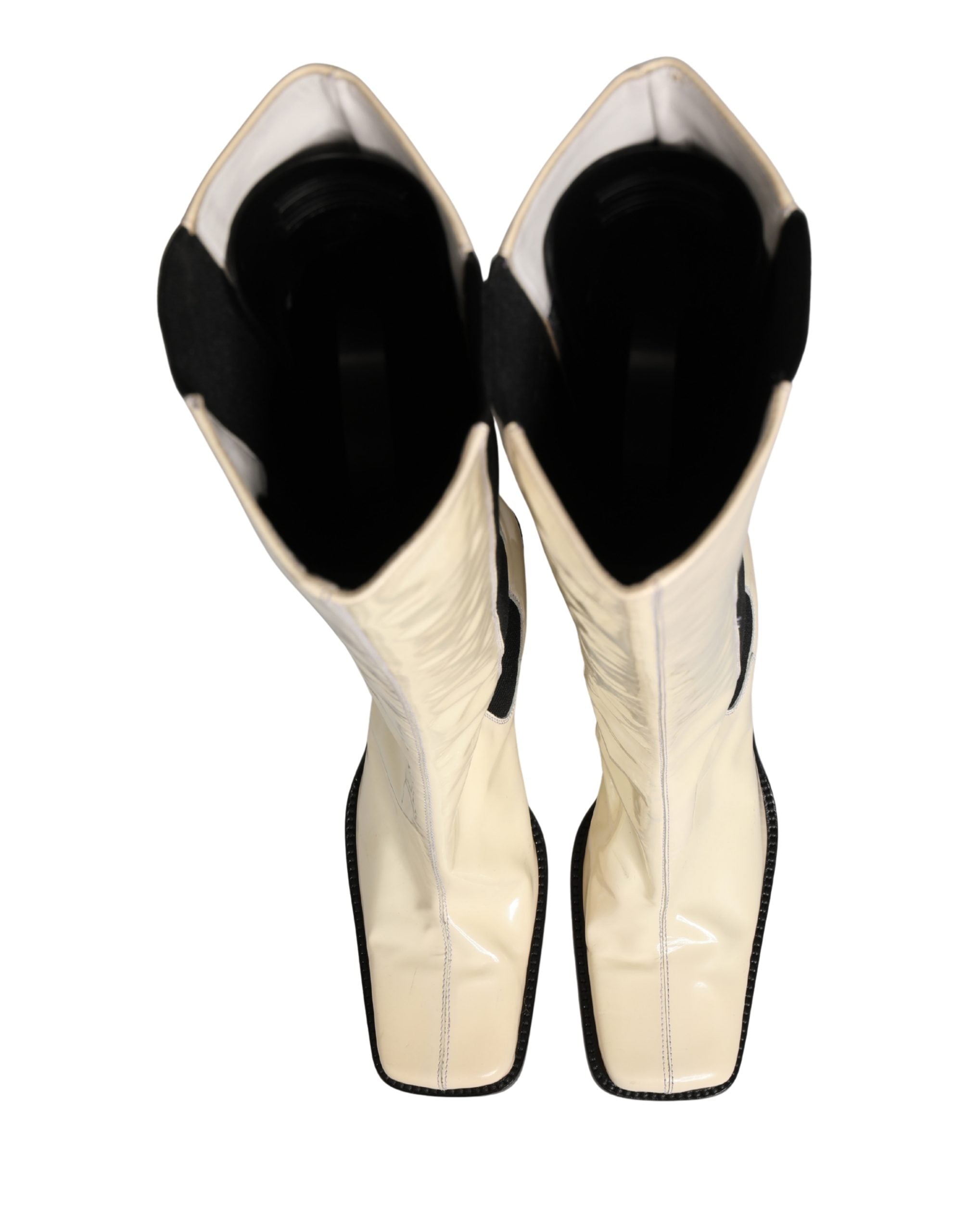 Dolce & Gabbana White Black Leather Knee High Boots Shoes