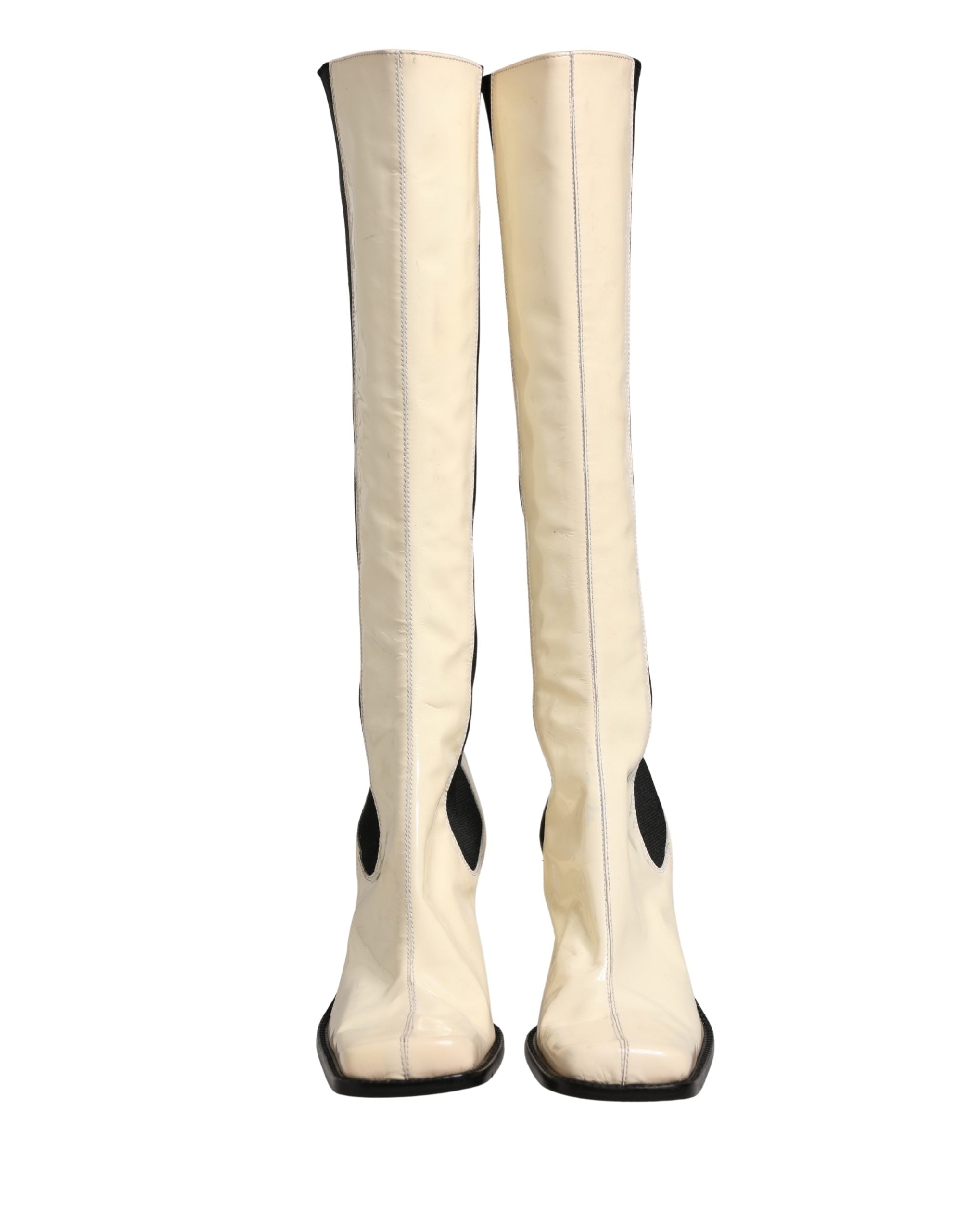 Dolce & Gabbana White Black Leather Knee High Boots Shoes