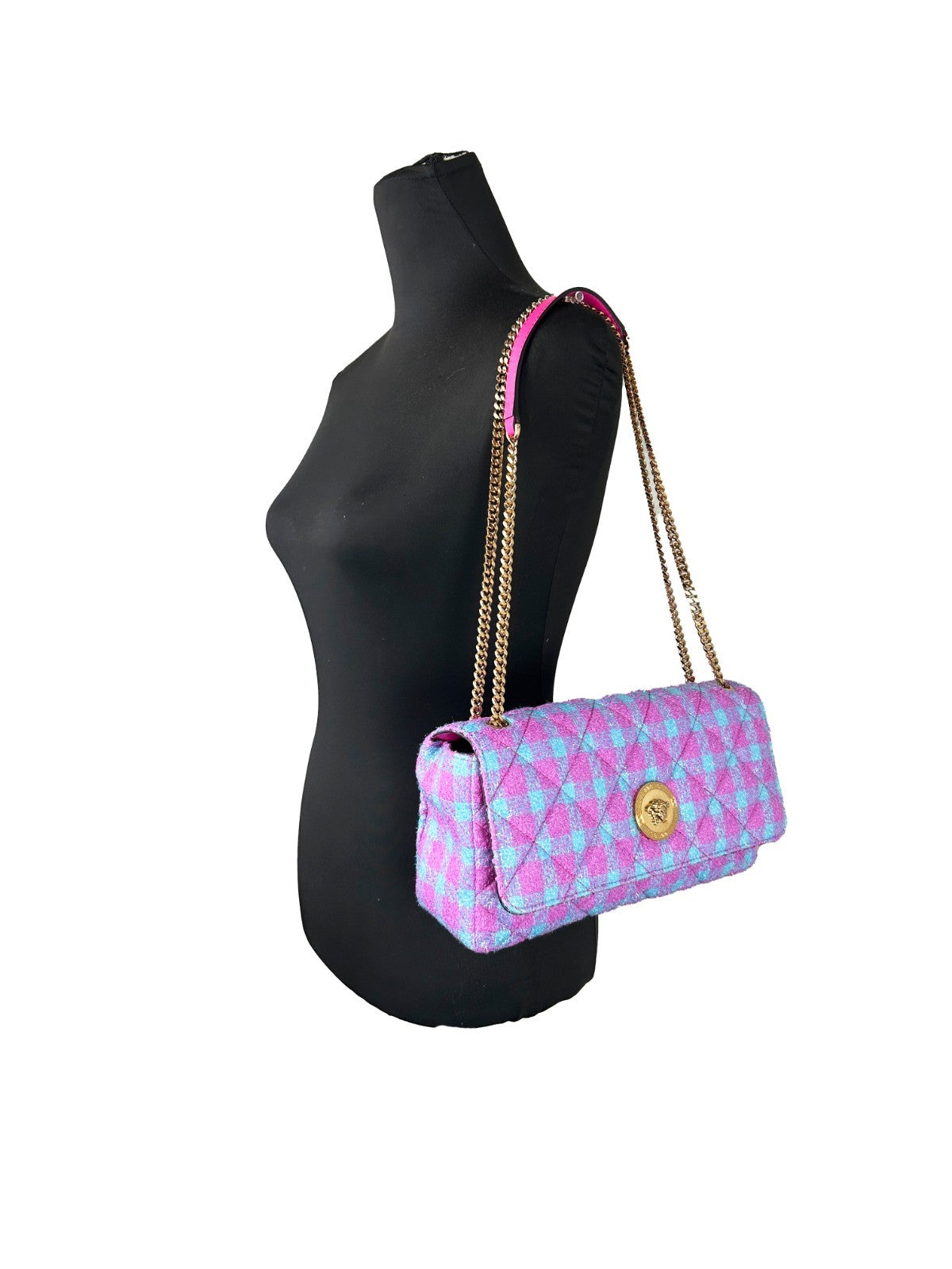 Elevate your style with the Versace Wool Lurex Medium Shoulder Crossbody Bag, a masterpiece of Italian craftsmanship that embodies luxury and sophistication.
