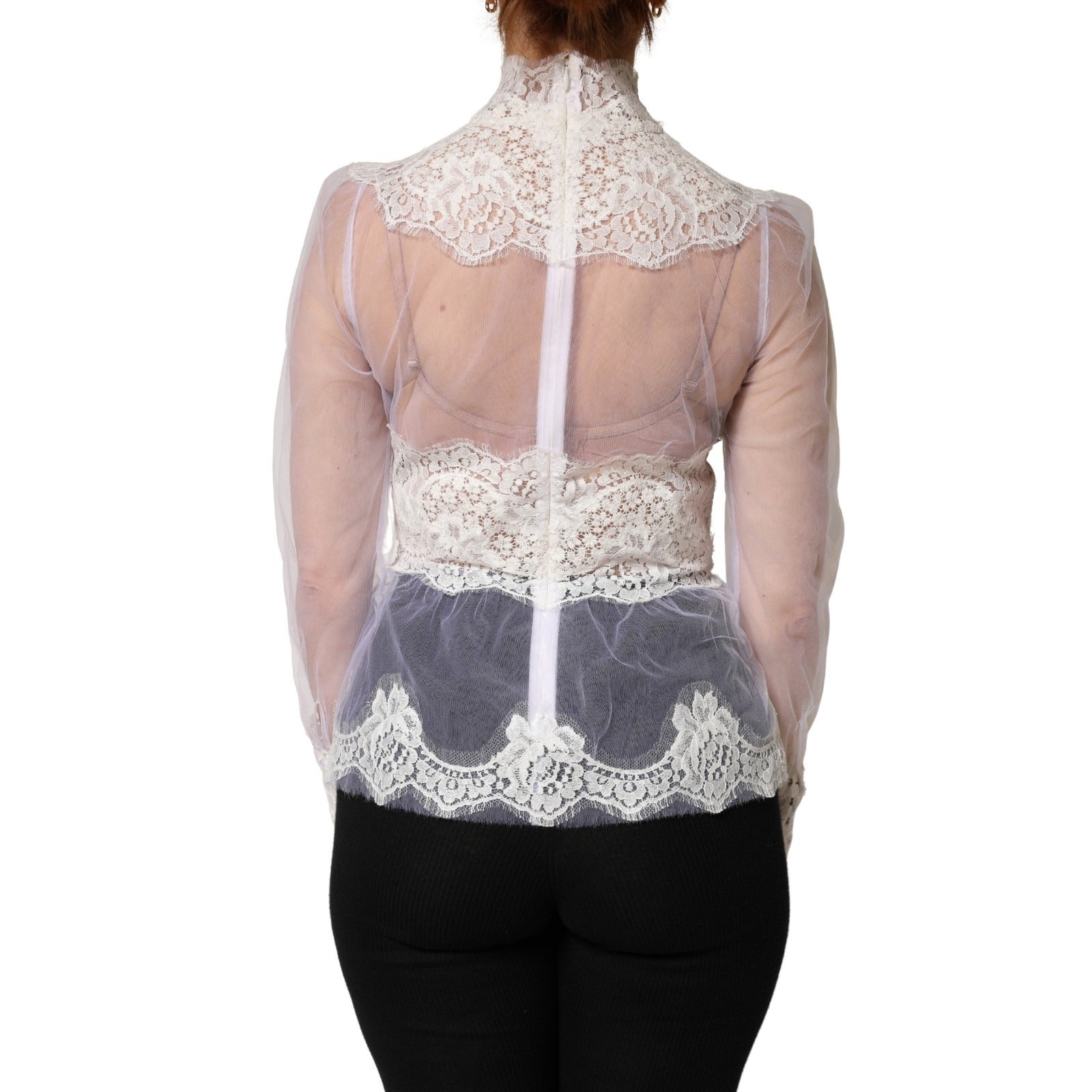 Dolce & Gabbana White Nylon Lace Tulle Sheer Long Sleeve Top