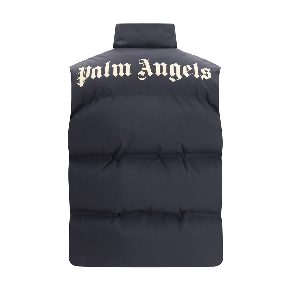 Elevate your style with the Palm Angels Black Polyamide Sleeveless Jacket, a luxurious blend of down filling and contemporary design, perfect for the discerning individual.