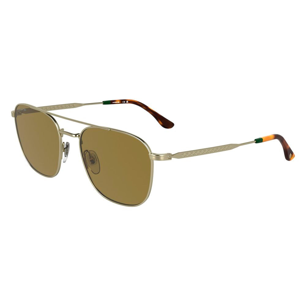 Indulge in the exquisite craftsmanship of Lacoste Gold Metal Sunglasses, a timeless accessory offering 100% UV protection and effortless elegance for discerning tastes.