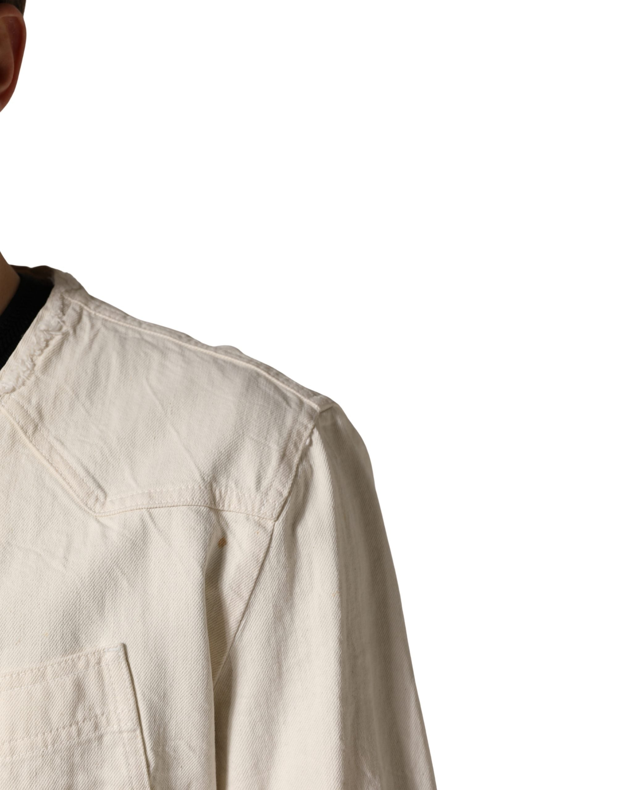 Indulge in the exquisite Dolce & Gabbana Off White Cotton Full Zip Denim Blouson Jacket, a timeless blend of luxury and street style, crafted for effortless elegance.