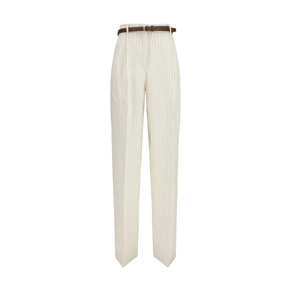 Elevate your wardrobe with Max Mara's Beige Linen Casual Pants, crafted from pure linen for a sophisticated silhouette that embodies timeless luxury and effortless elegance.