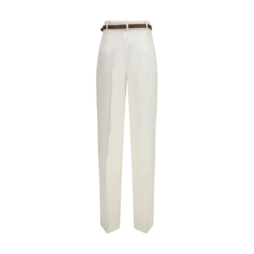 Elevate your wardrobe with Max Mara's Beige Linen Casual Pants, crafted from pure linen for a sophisticated, tailored silhouette that embodies timeless elegance.