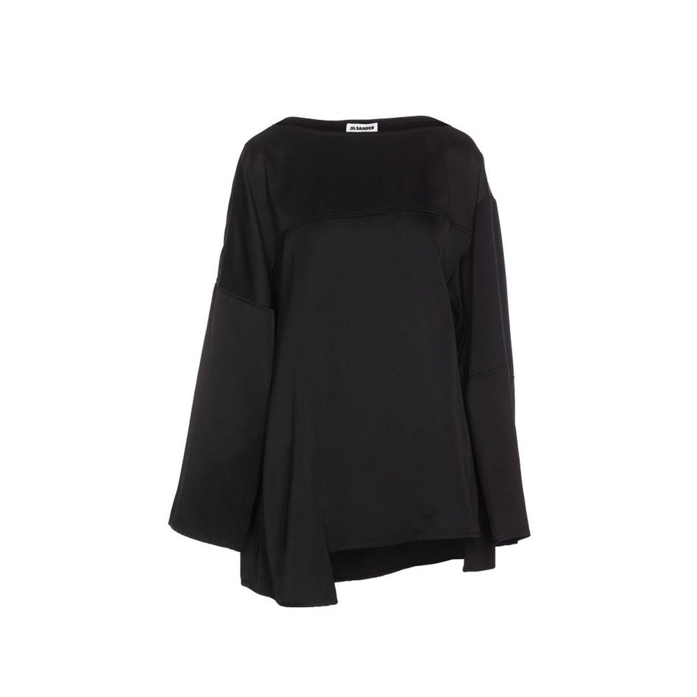 Indulge in the Jil Sander Black Silk Blouse, a luxurious blend of silk and viscose, showcasing Italian craftsmanship and an alluring asymmetrical design for the discerning individual.