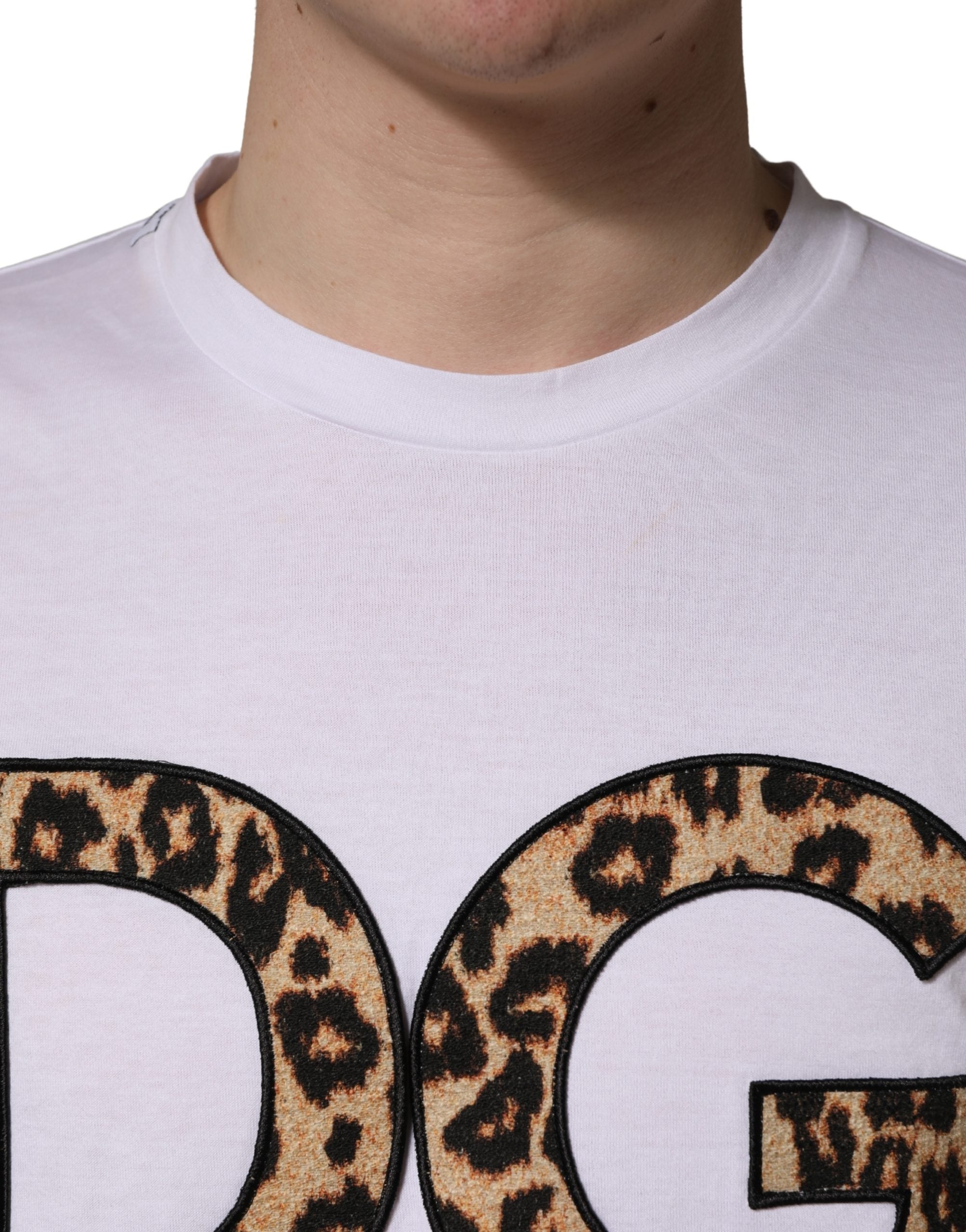 Dolce & Gabbana White Leopard Print DG Logo MenCotton T-shirt