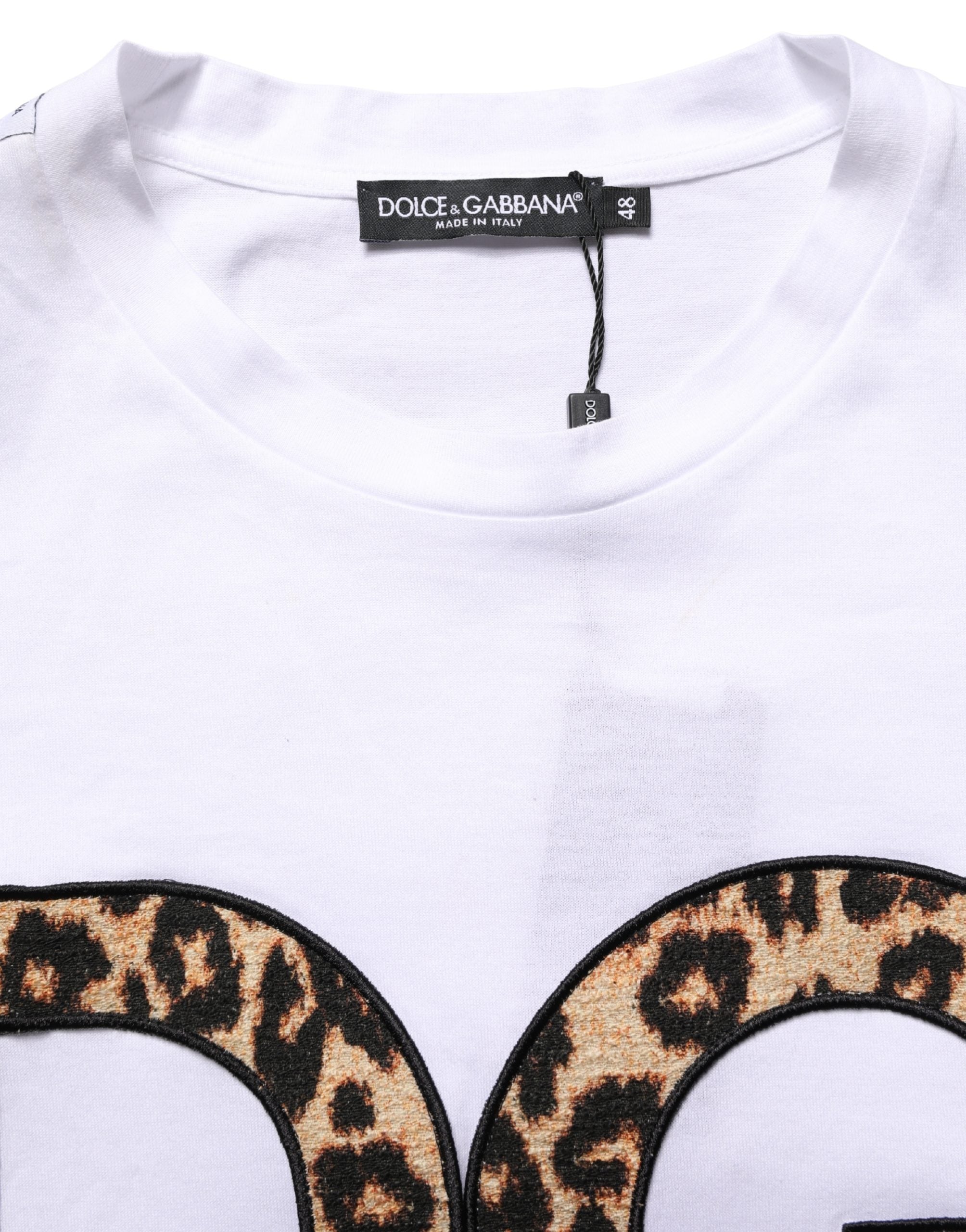 Dolce & Gabbana White Leopard Print DG Logo MenCotton T-shirt