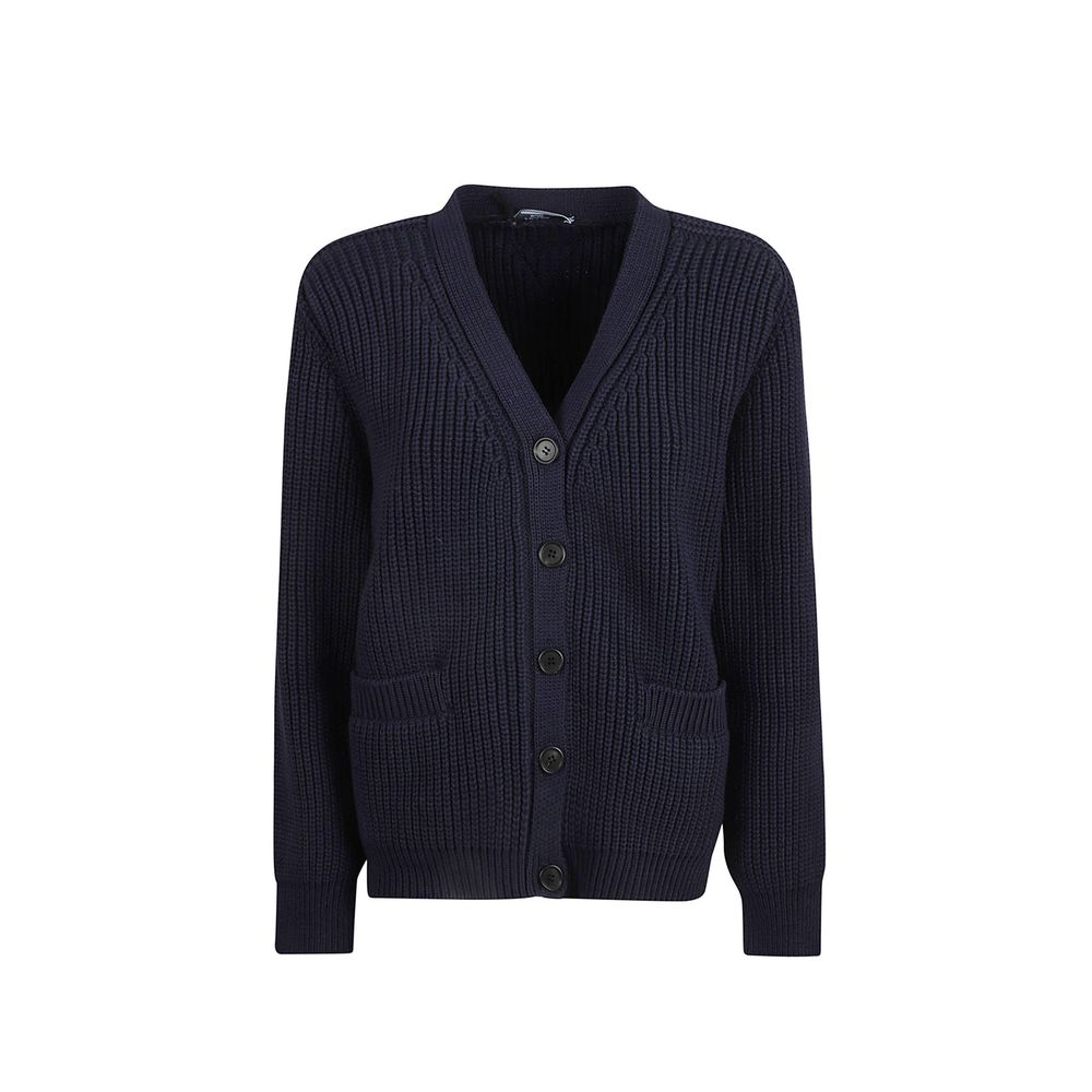 Elevate your wardrobe with the Prada Blue Cotton Cardigan, a luxurious blend of comfort and sophistication, perfect for the discerning individual seeking timeless elegance.