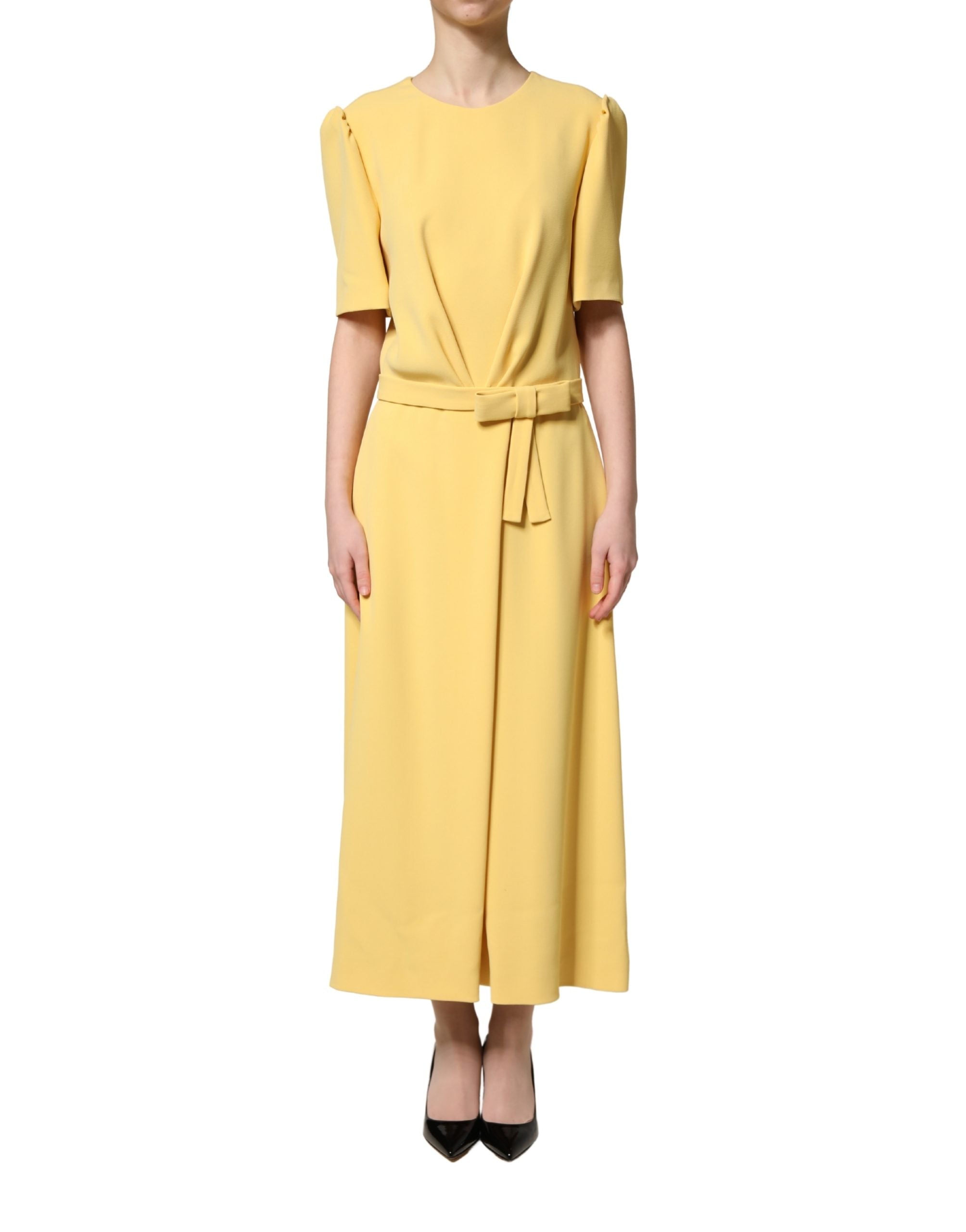 Elevate your wardrobe with the Dolce & Gabbana Yellow Short-Sleeved Midi Dress, a masterpiece of Italian craftsmanship blending luxury viscose and silk for timeless elegance.