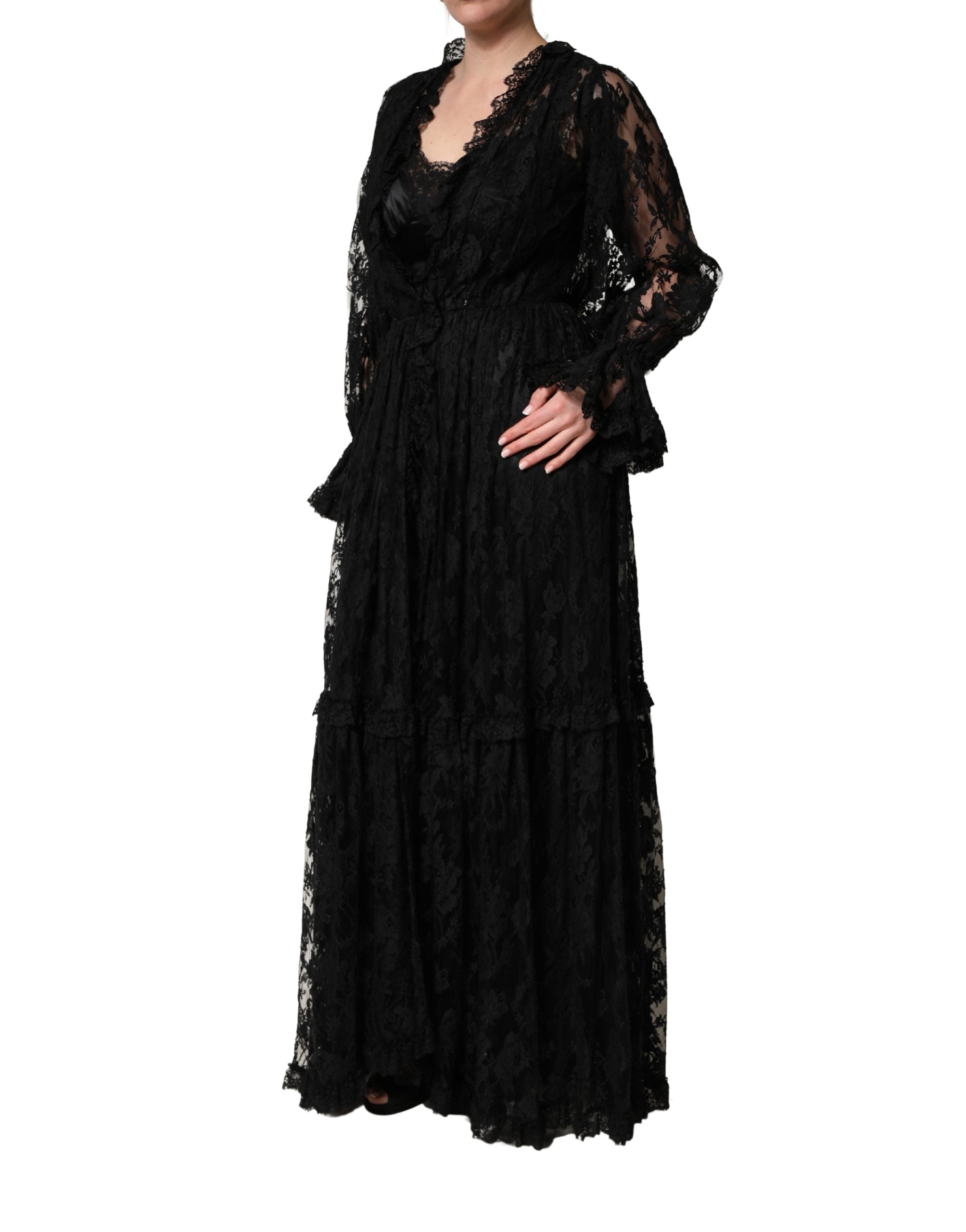 Indulge in the exquisite allure of the Dolce & Gabbana Black Lace A-line Evening Gown, a masterpiece of Italian craftsmanship that embodies timeless elegance and sophistication.