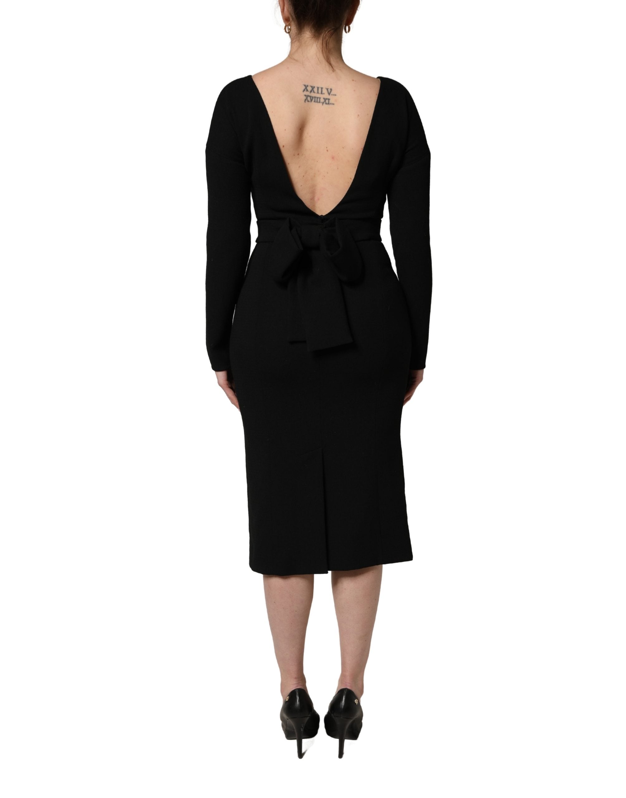 Dolce & Gabbana Black Wool Crepe Long Sleeves Midi Dress