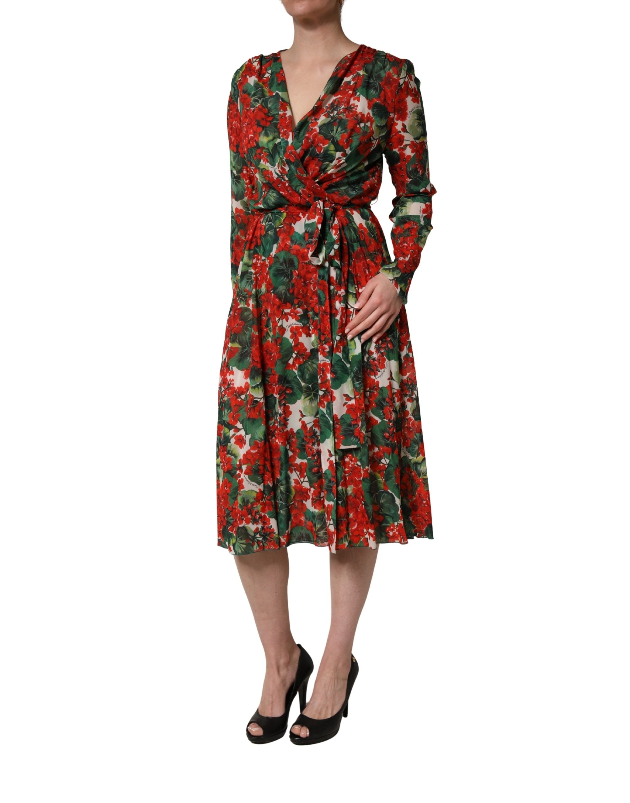 Dolce & Gabbana Multicolor Floral Long Sleeves V-neck Dress