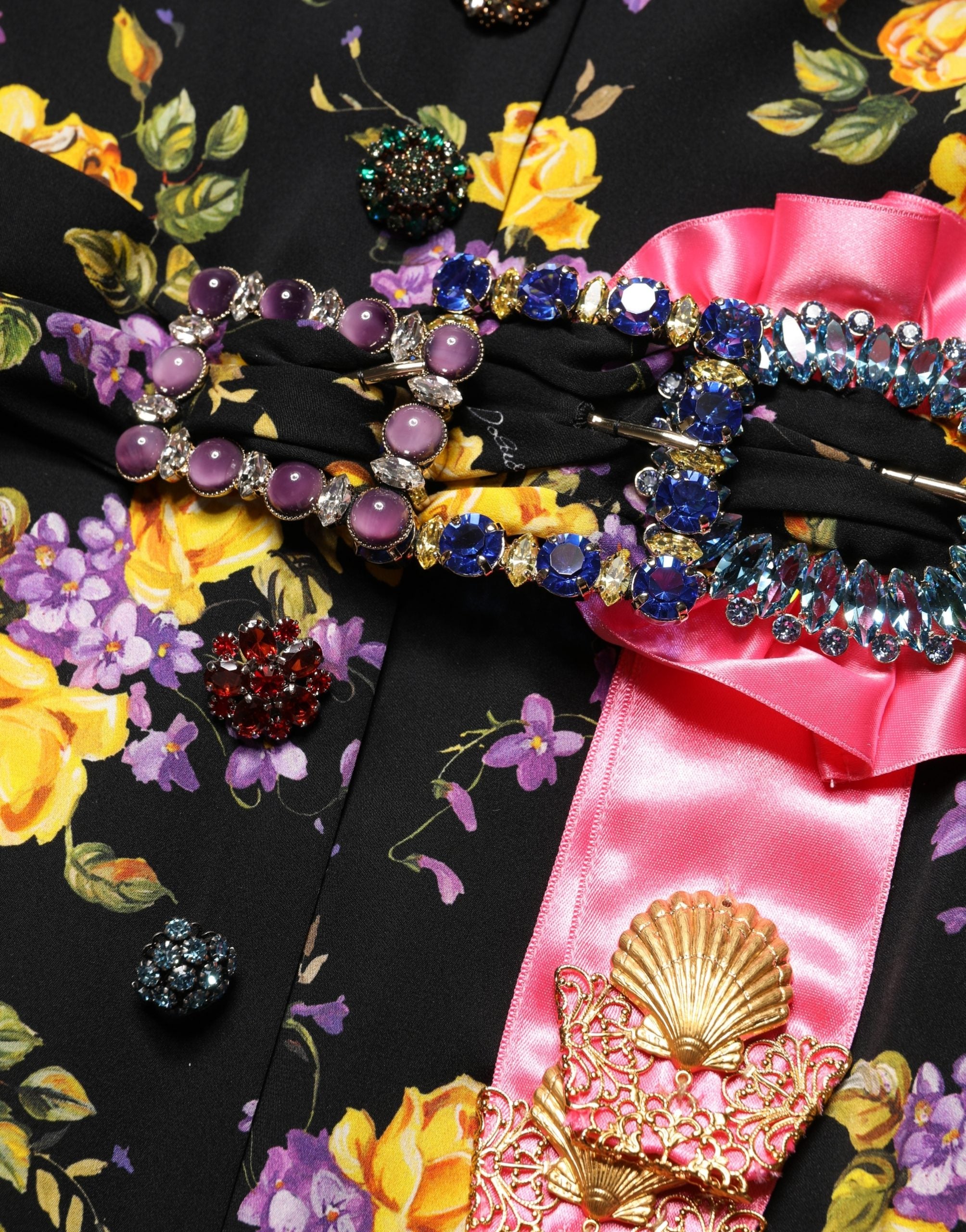 Dolce & Gabbana Black Purple Crystal Brooch Silk Midi Dress