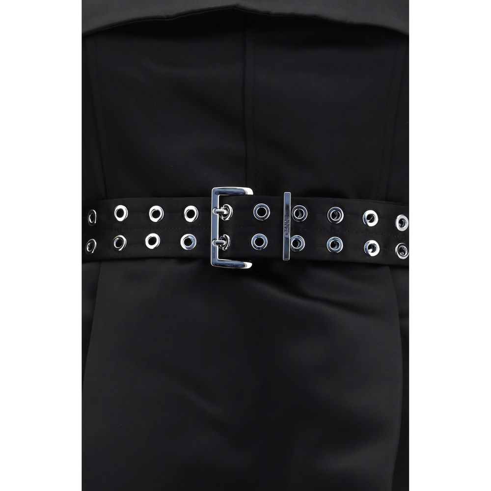Ganni Black Satin Full Skirt Dress - Effortless Luxury