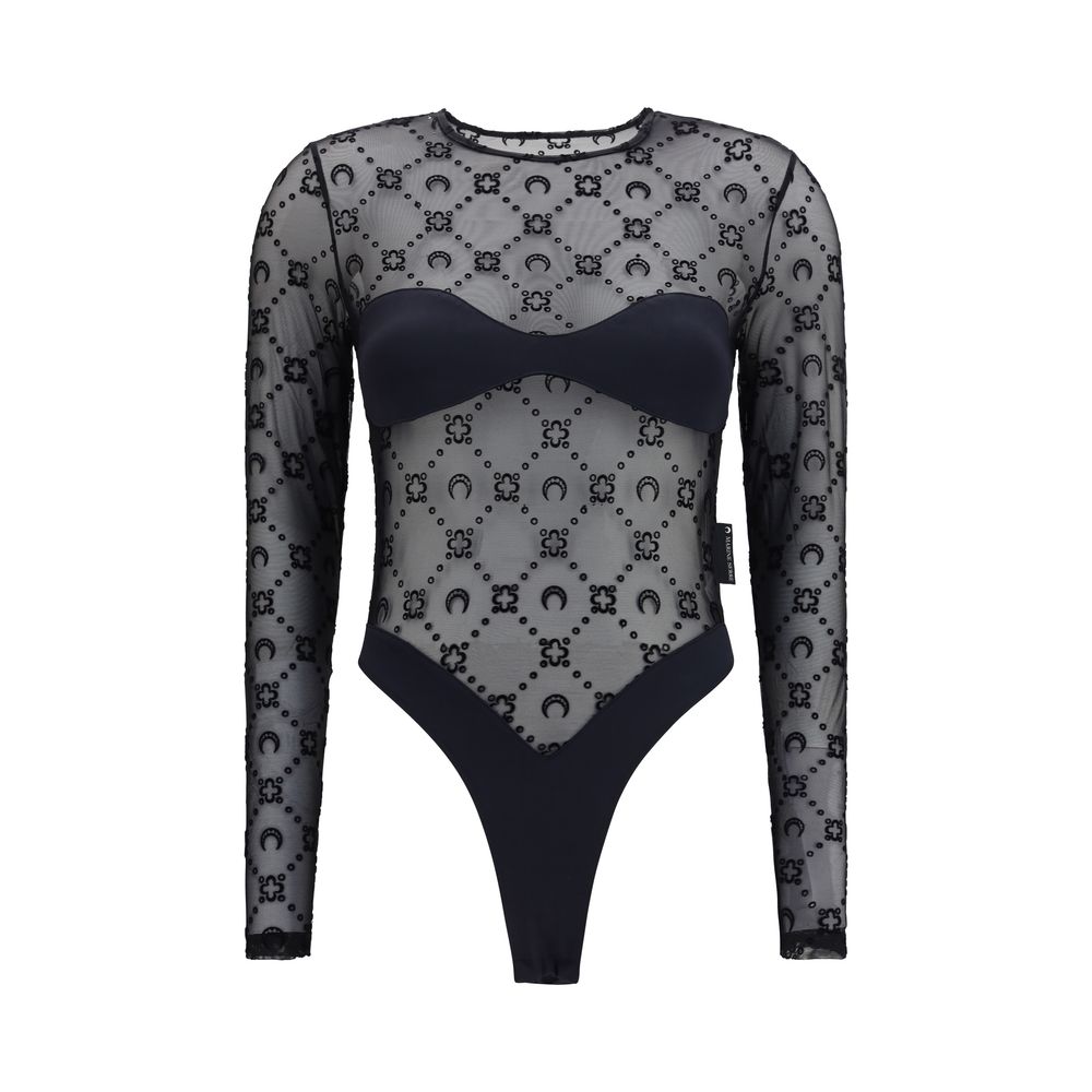 Discover the Marine Serre Black Polyamide Bodysuit, a luxurious blend of stretch mesh and iconic moon print, embodying contemporary elegance for the discerning wardrobe.