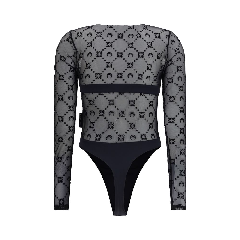 Discover the Marine Serre Black Polyamide Bodysuit, a luxurious blend of elegance and allure, crafted from sumptuous stretch mesh with an iconic moon print.