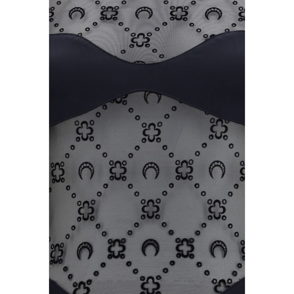 Discover the Marine Serre Black Polyamide Bodysuit, a luxurious blend of stretch mesh and iconic moon print, embodying contemporary elegance for discerning tastes.