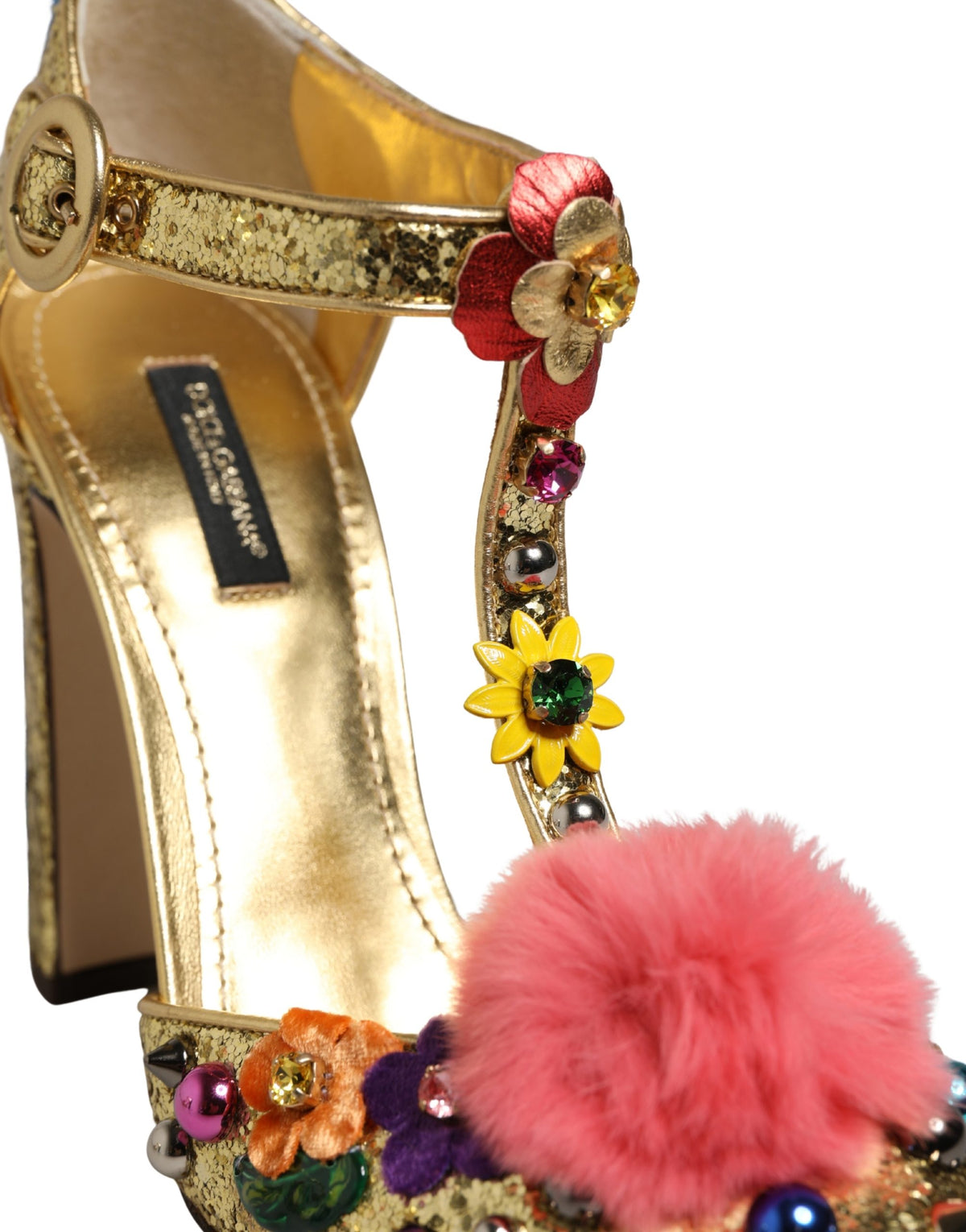 Dolce & Gabbana Gold Fur Trim Glitter T-strap Sandals Couture