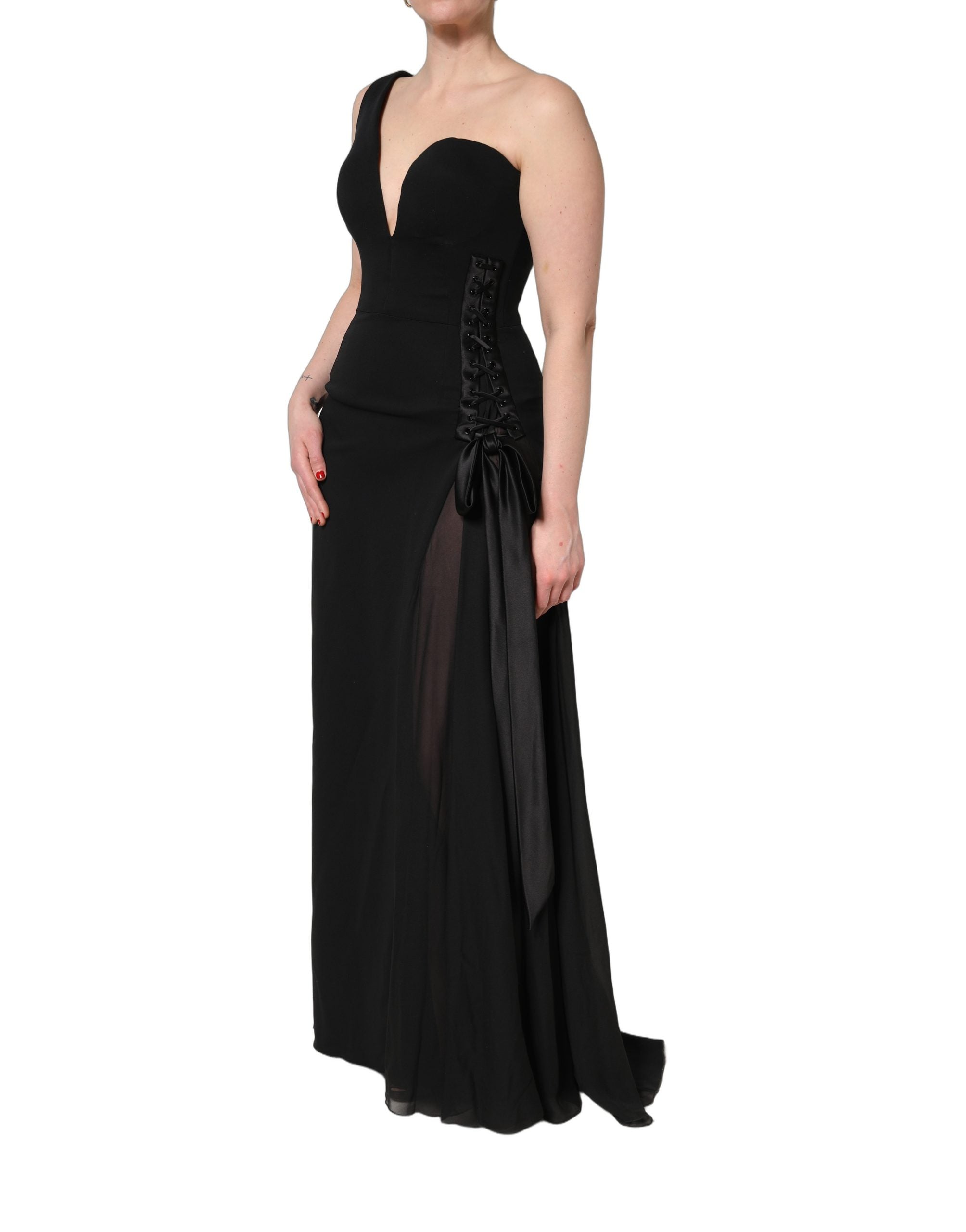 Indulge in the exquisite allure of the Dolce & Gabbana Black One Shoulder Neckline Long Gown, a luxurious blend of silk and elegance, perfect for unforgettable moments.
