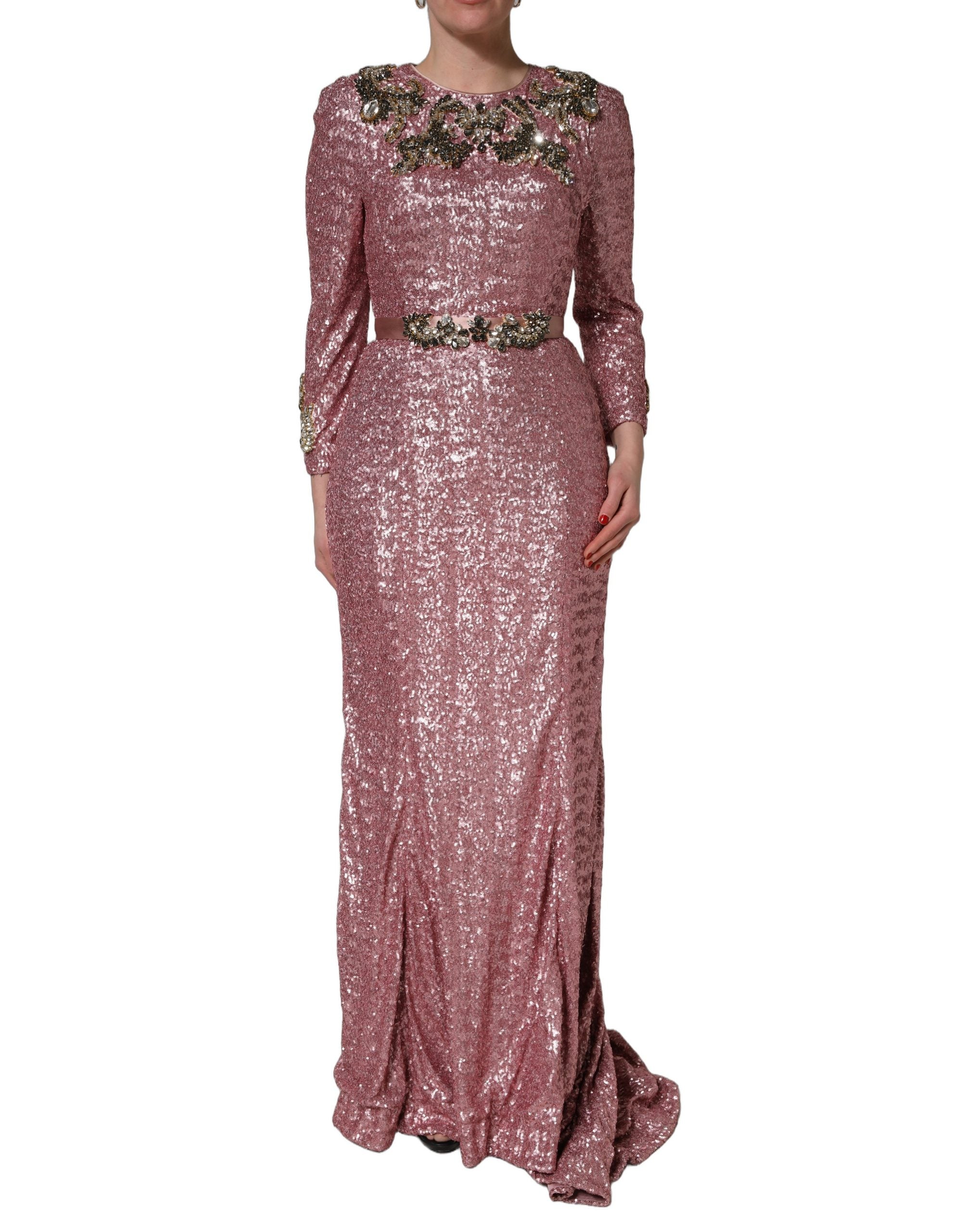 Indulge in the allure of the Dolce & Gabbana Pink Embellished Sequined Evening Gown, a masterpiece of Italian craftsmanship, perfect for unforgettable soirées.