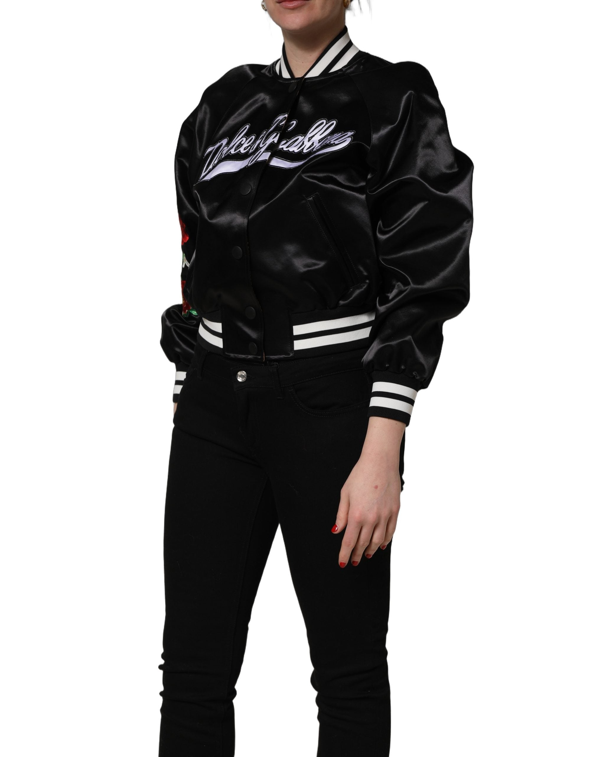 Discover the Dolce & Gabbana Black Satin Floral Embroidery Bomber Jacket, a masterpiece of Italian craftsmanship that embodies luxury and elegance for every occasion.