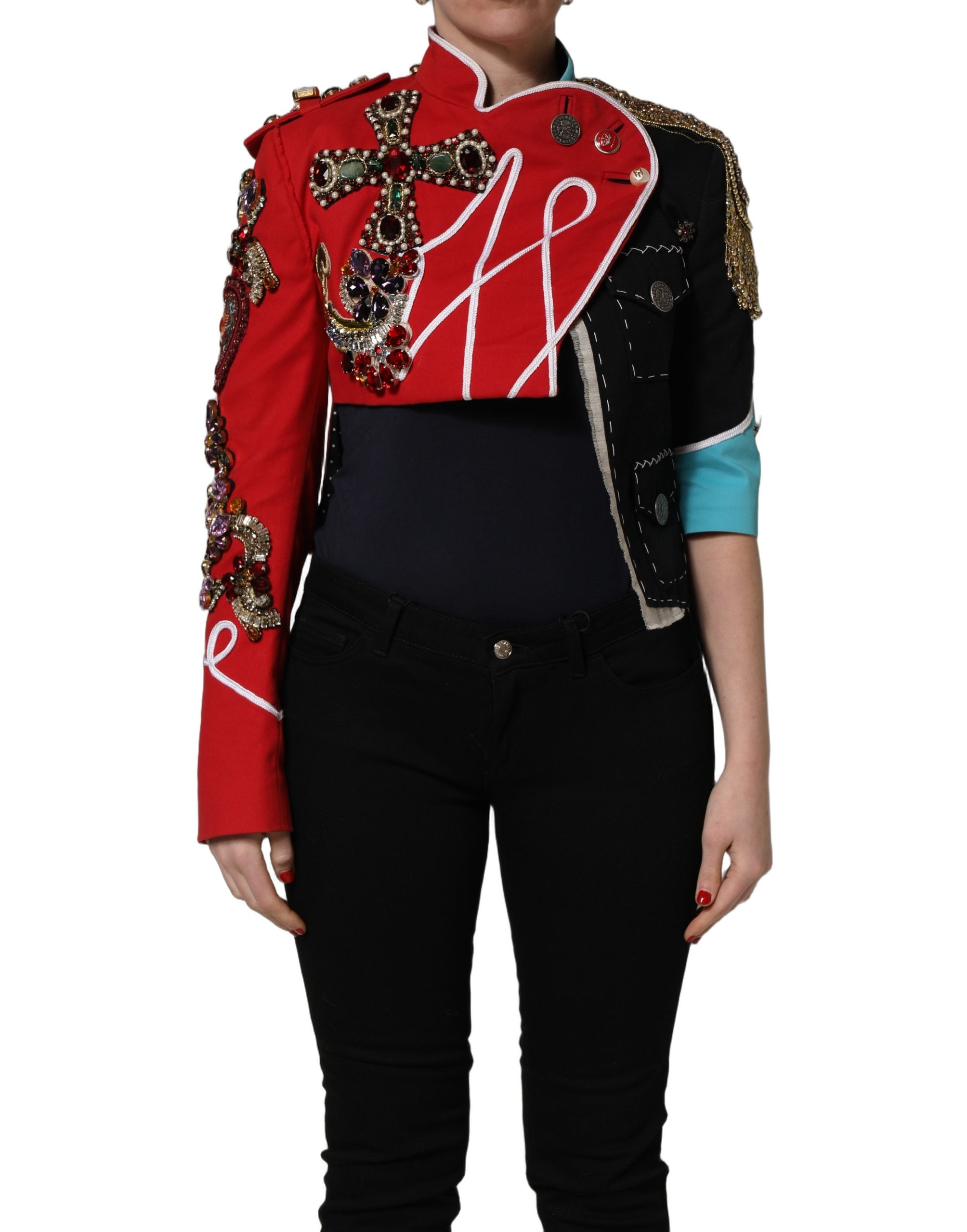 Discover the Dolce & Gabbana Multicolor Asymmetrical Ornate Jewel Cropped Jacket, a masterpiece of Italian craftsmanship that embodies luxury and sophistication for the discerning fashion lover.