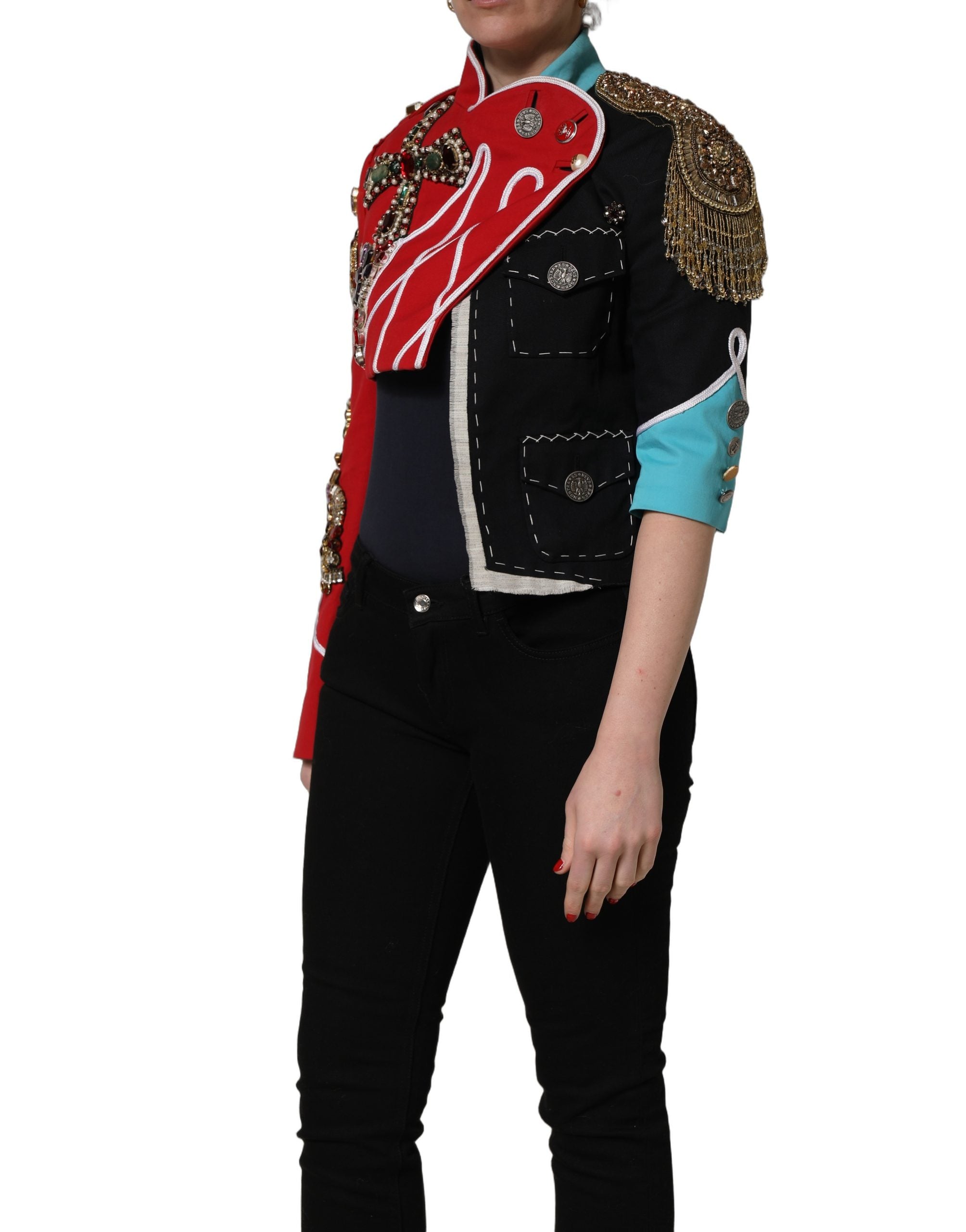 Discover the Dolce & Gabbana Multicolor Asymmetrical Ornate Jewel Cropped Jacket, a masterpiece of Italian craftsmanship that elevates your style with luxurious elegance.