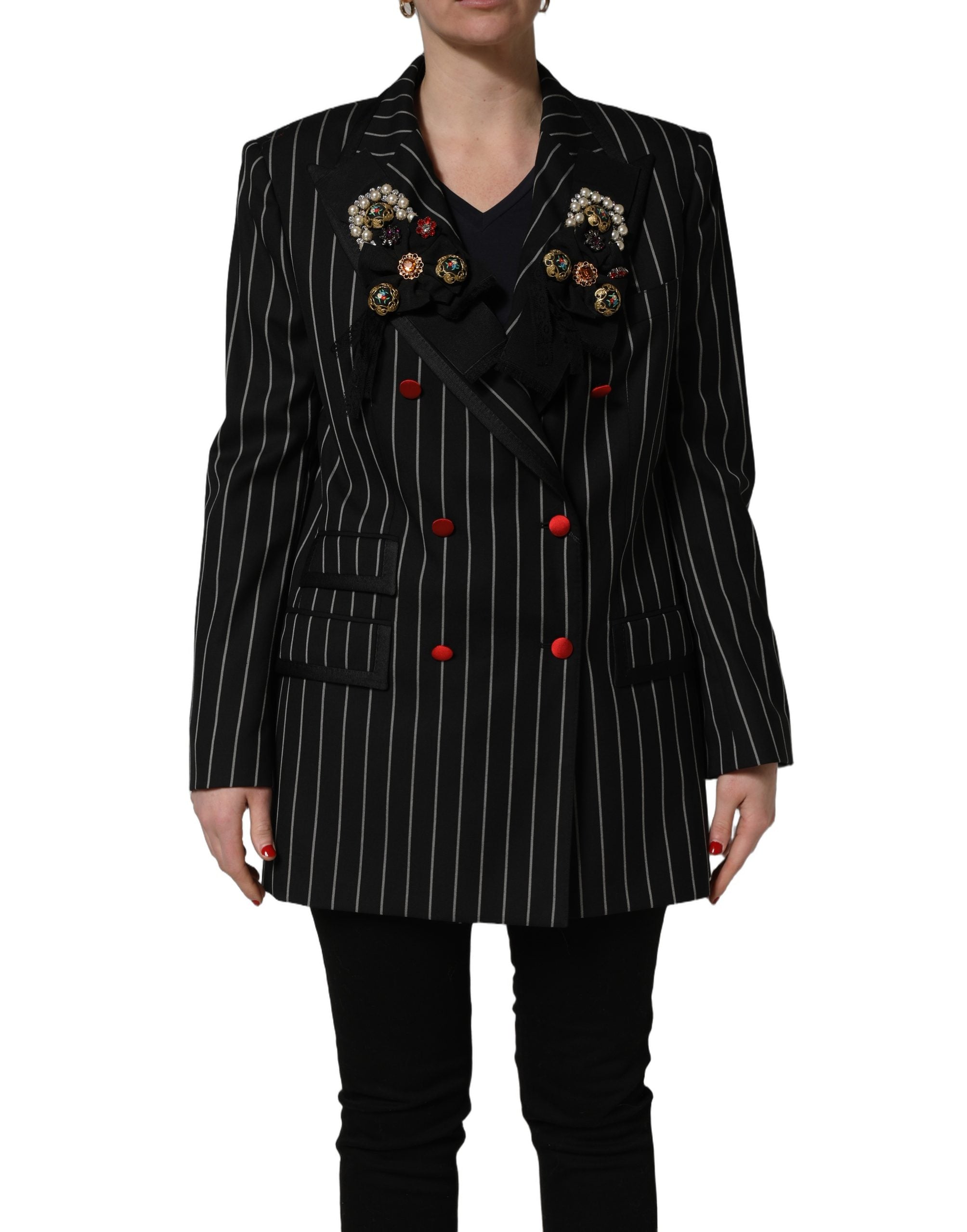 Elevate your wardrobe with the Dolce & Gabbana Black Stripe Double-Breasted Blazer, a luxurious blend of virgin wool and silk, adorned with exquisite floral appliqués for timeless sophistication.