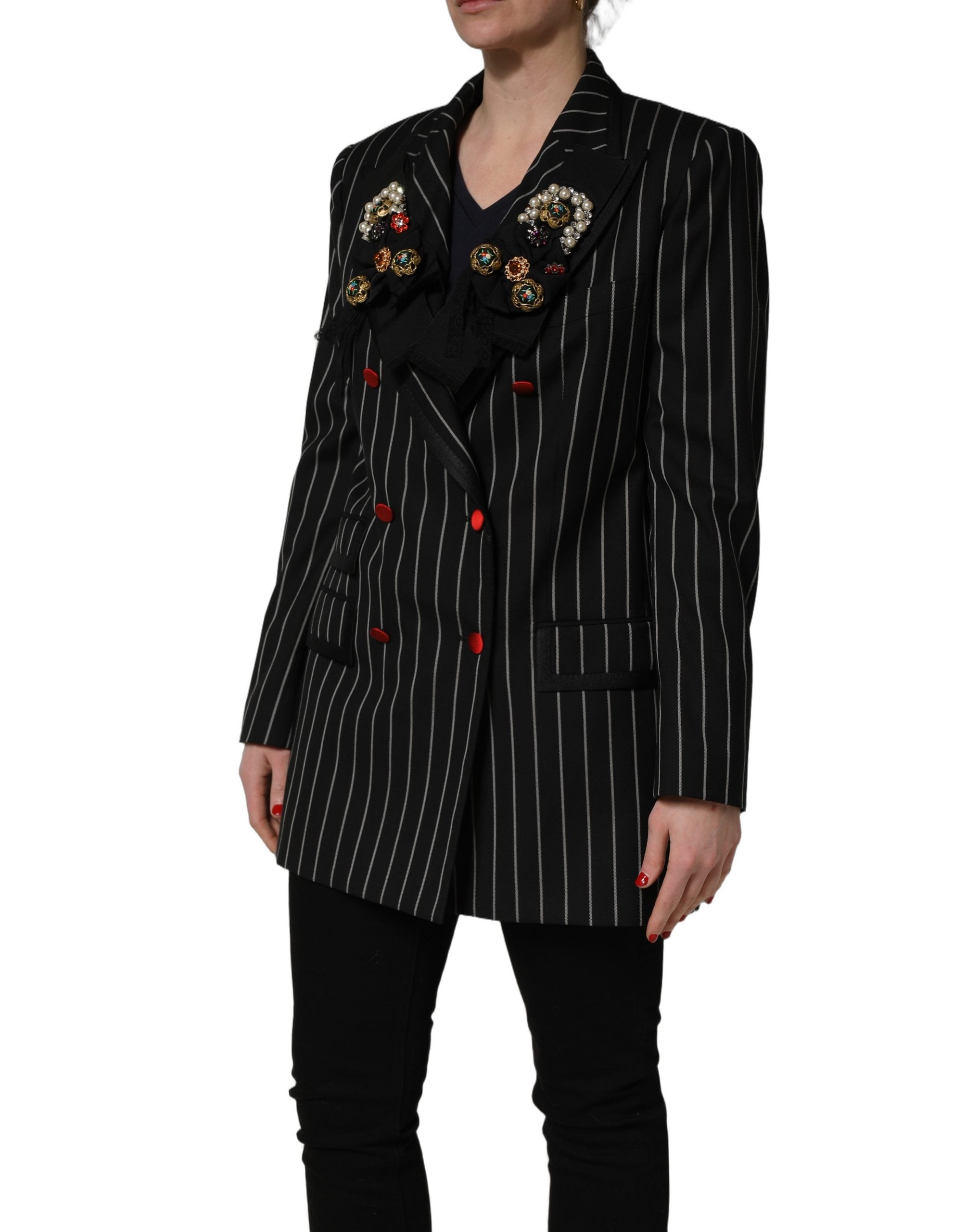 Indulge in the Dolce & Gabbana Black Stripe Double-Breasted Blazer, a luxurious blend of virgin wool and silk, adorned with exquisite floral appliqués for timeless sophistication.
