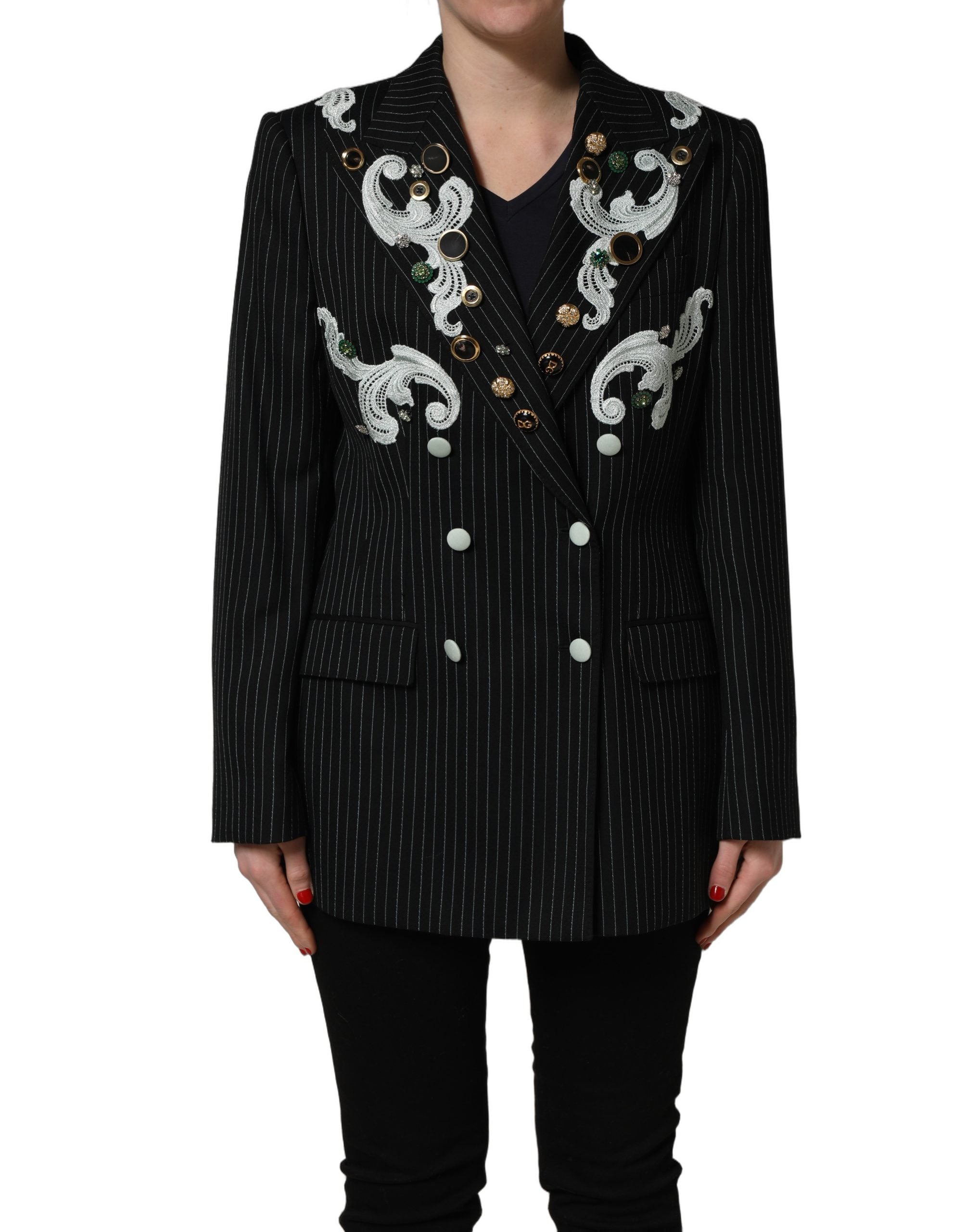 Elevate your style with the Dolce & Gabbana Black Stripe Double-Breasted Blazer, a luxurious blend of virgin wool and exquisite embroidery, embodying timeless sophistication.