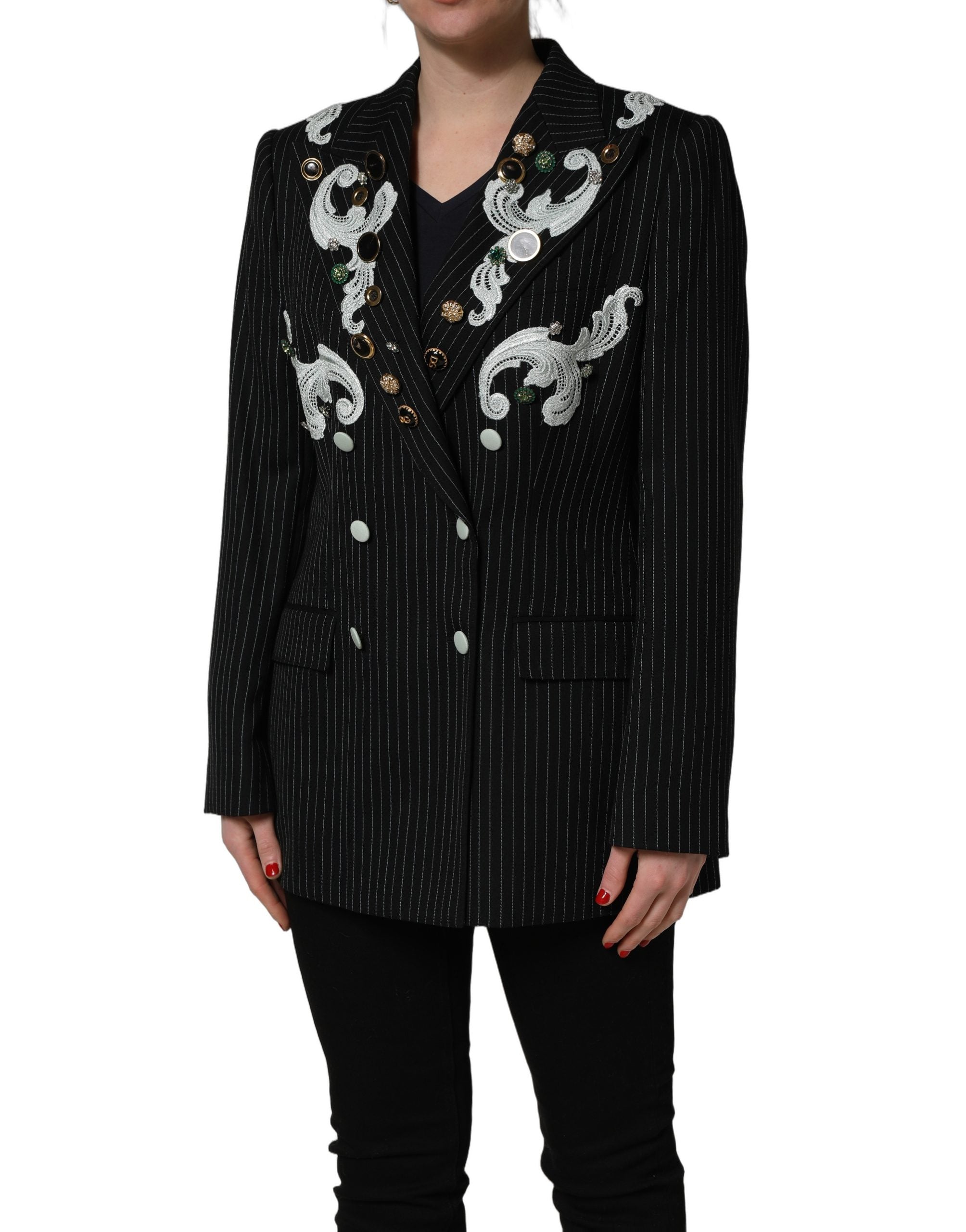 Elevate your wardrobe with the Dolce & Gabbana Black Stripe Double-Breasted Blazer, a luxurious blend of virgin wool and exquisite embroidery, embodying timeless sophistication.