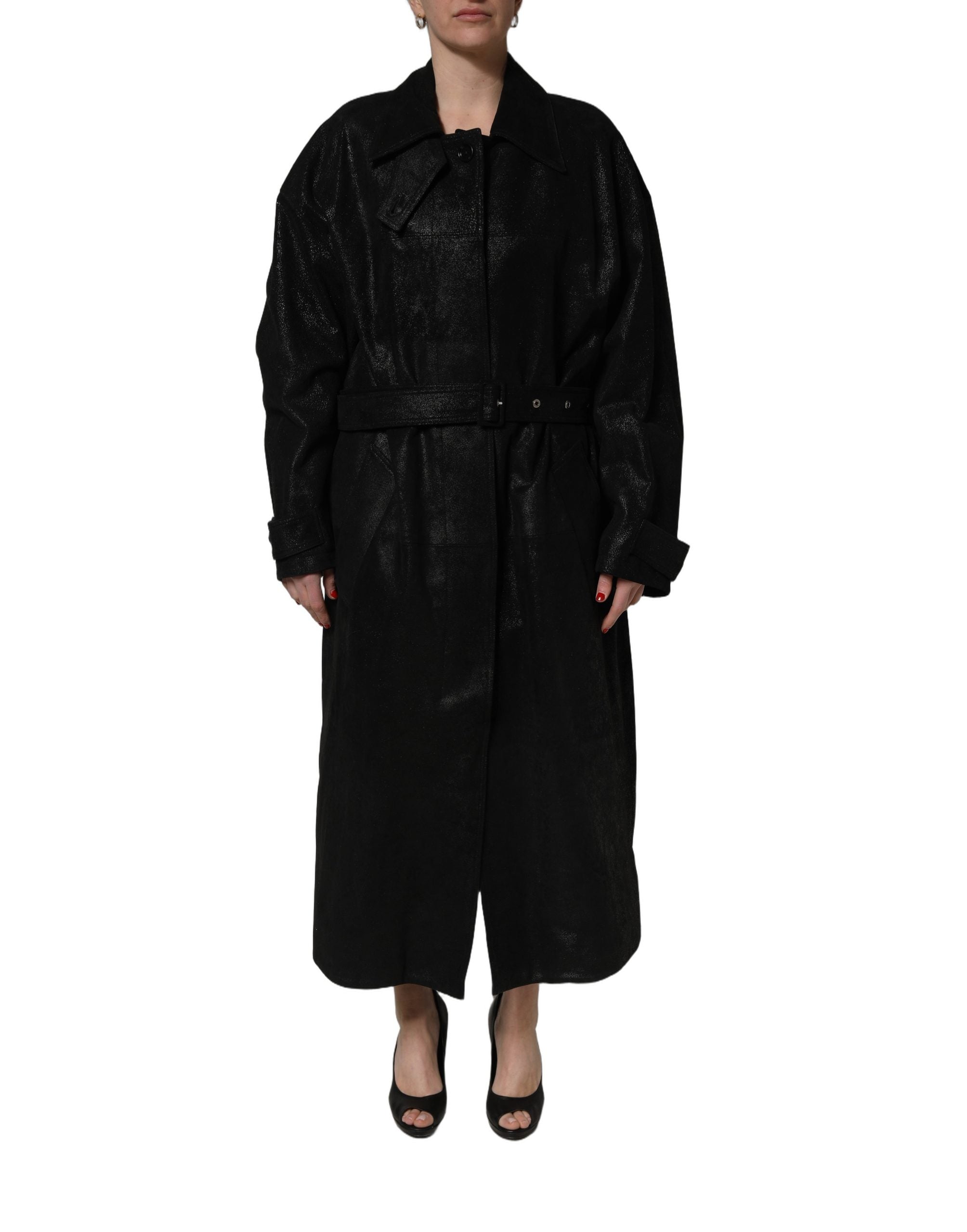 Elevate your style with the Dolce & Gabbana Black Belted Sheepskin Trench Coat, a masterpiece of Italian craftsmanship that embodies timeless luxury and sophistication.