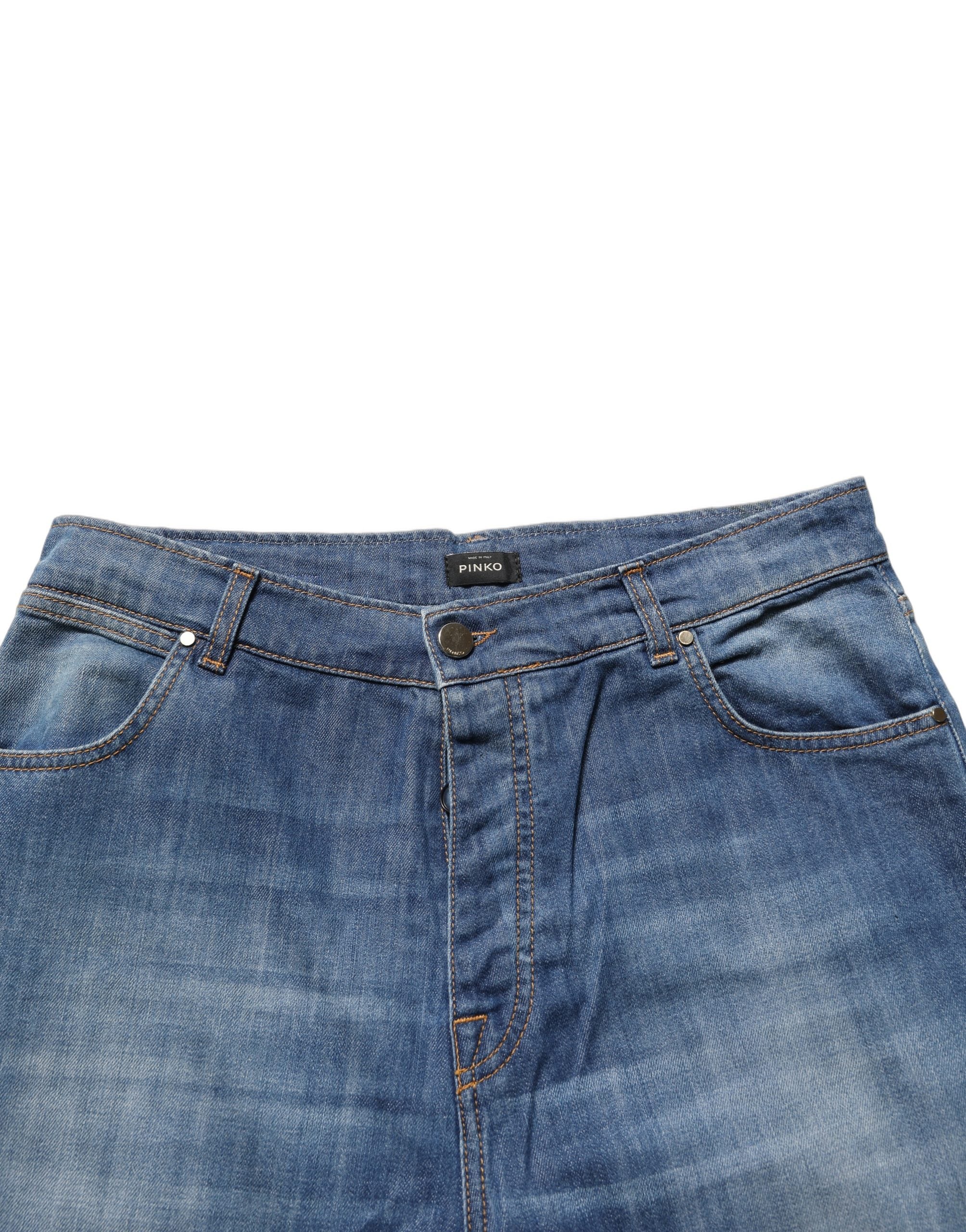 Elevate your wardrobe with PINKO's Blue Washed High Waist Wide Leg Denim, crafted from luxurious stretch cotton for an effortlessly chic silhouette that embodies modern sophistication.